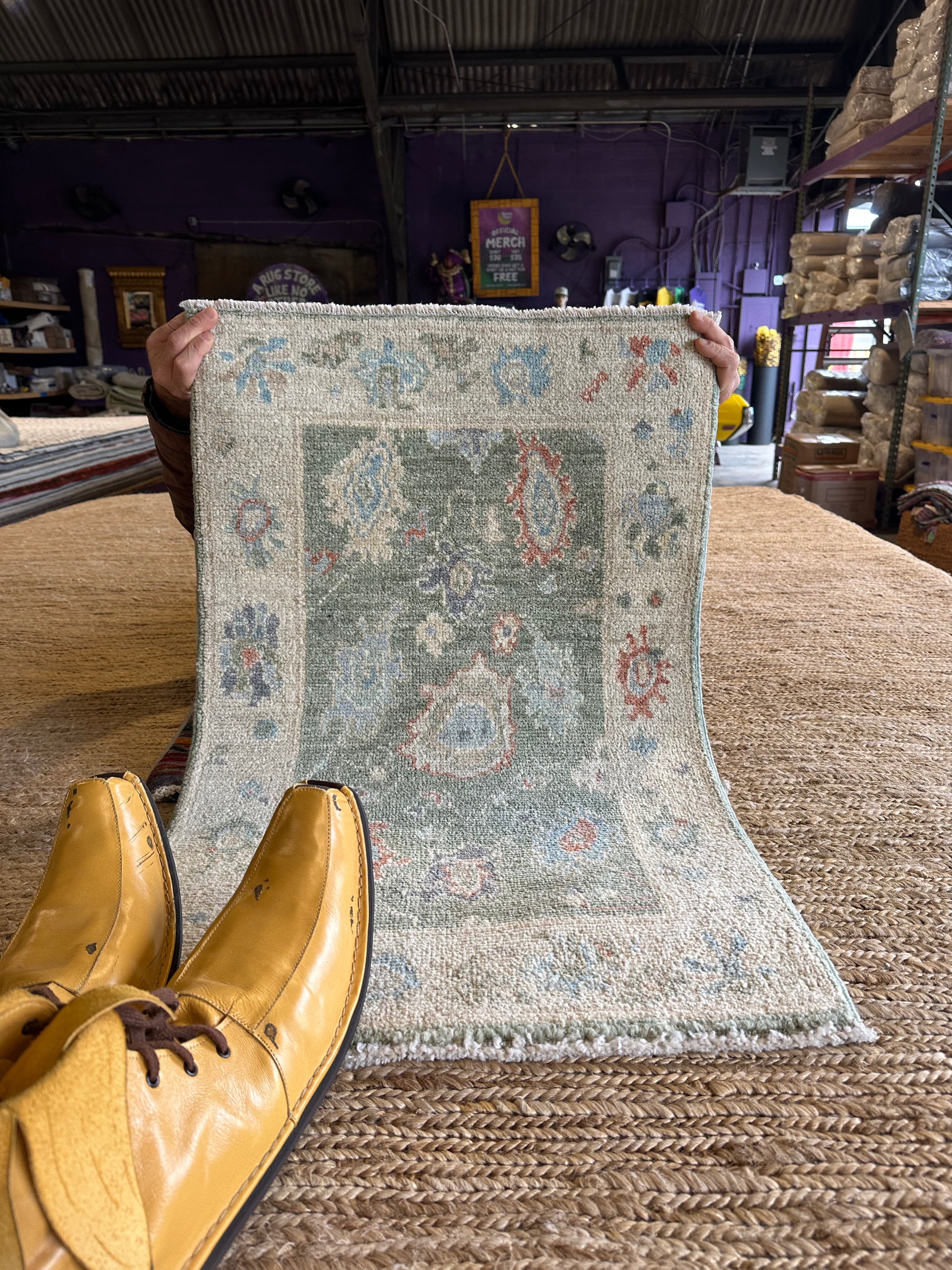 Mary Prendergast 2x3 Green Afghani Whitewashed Oushak