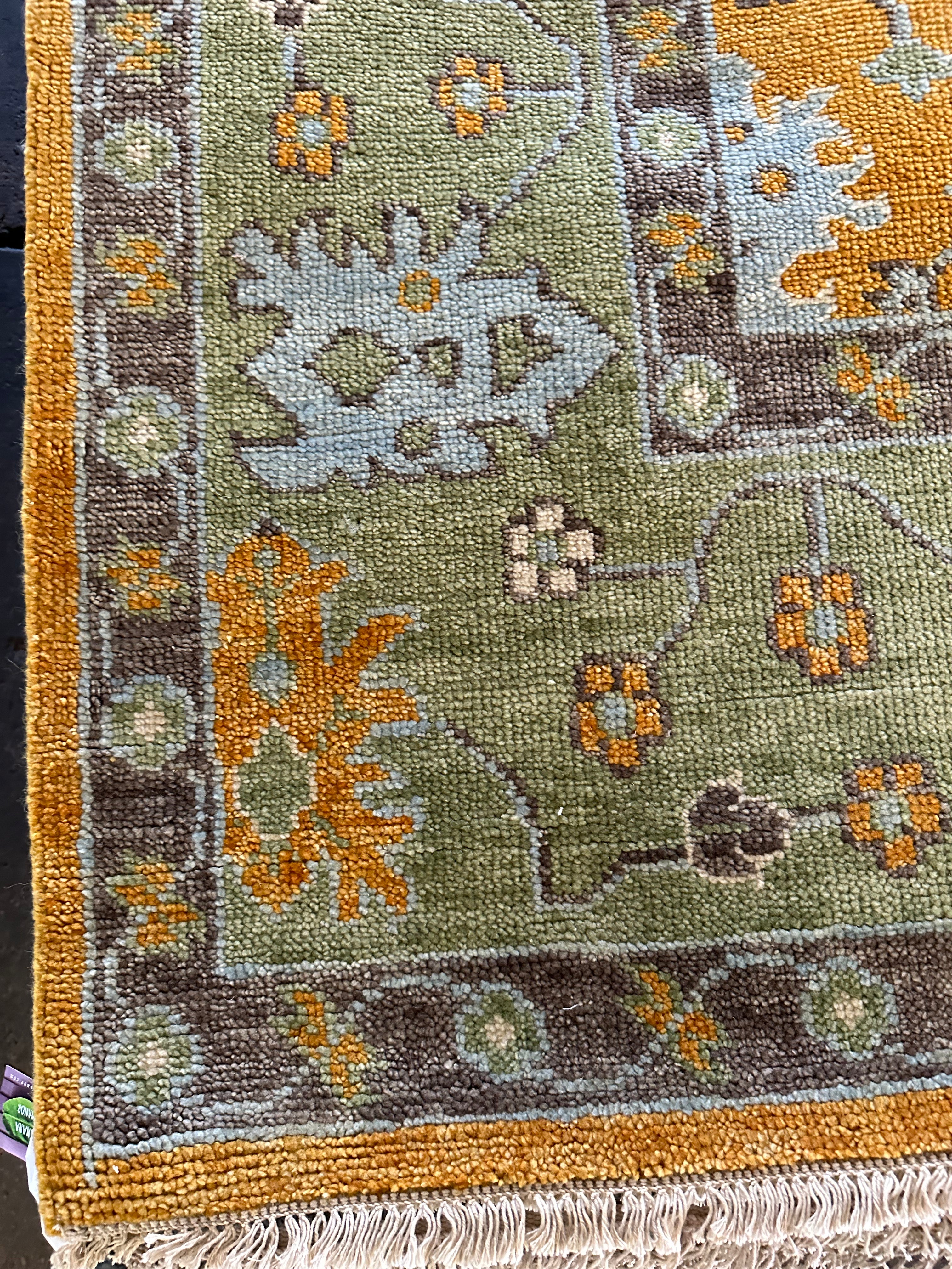 Celia Sawyer 8.3x10 Gold and Green Hand-Knotted Oushak Rug