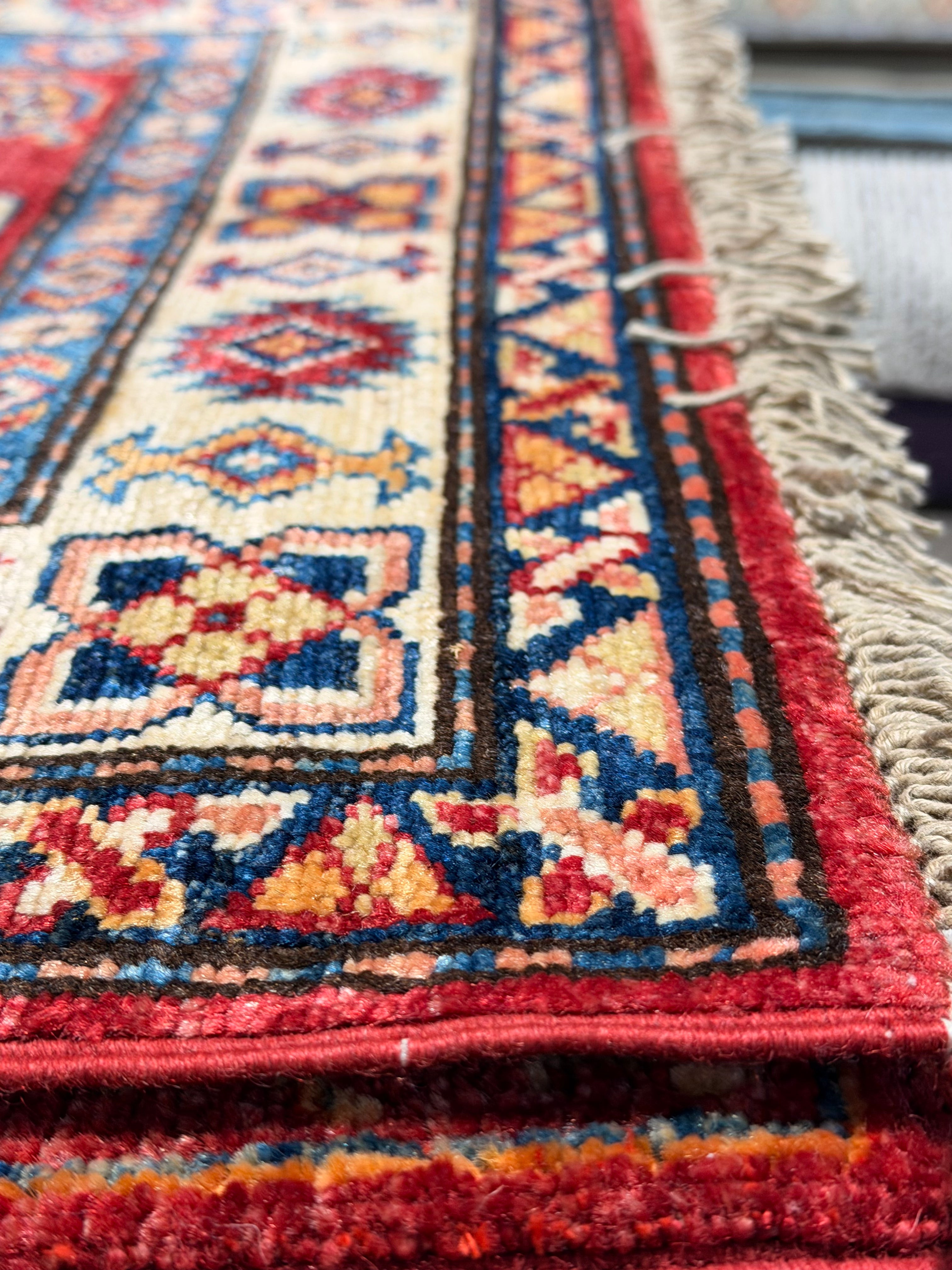 Rachel Hopkins 2.6x9.7 Red Afghani Kazak Rug