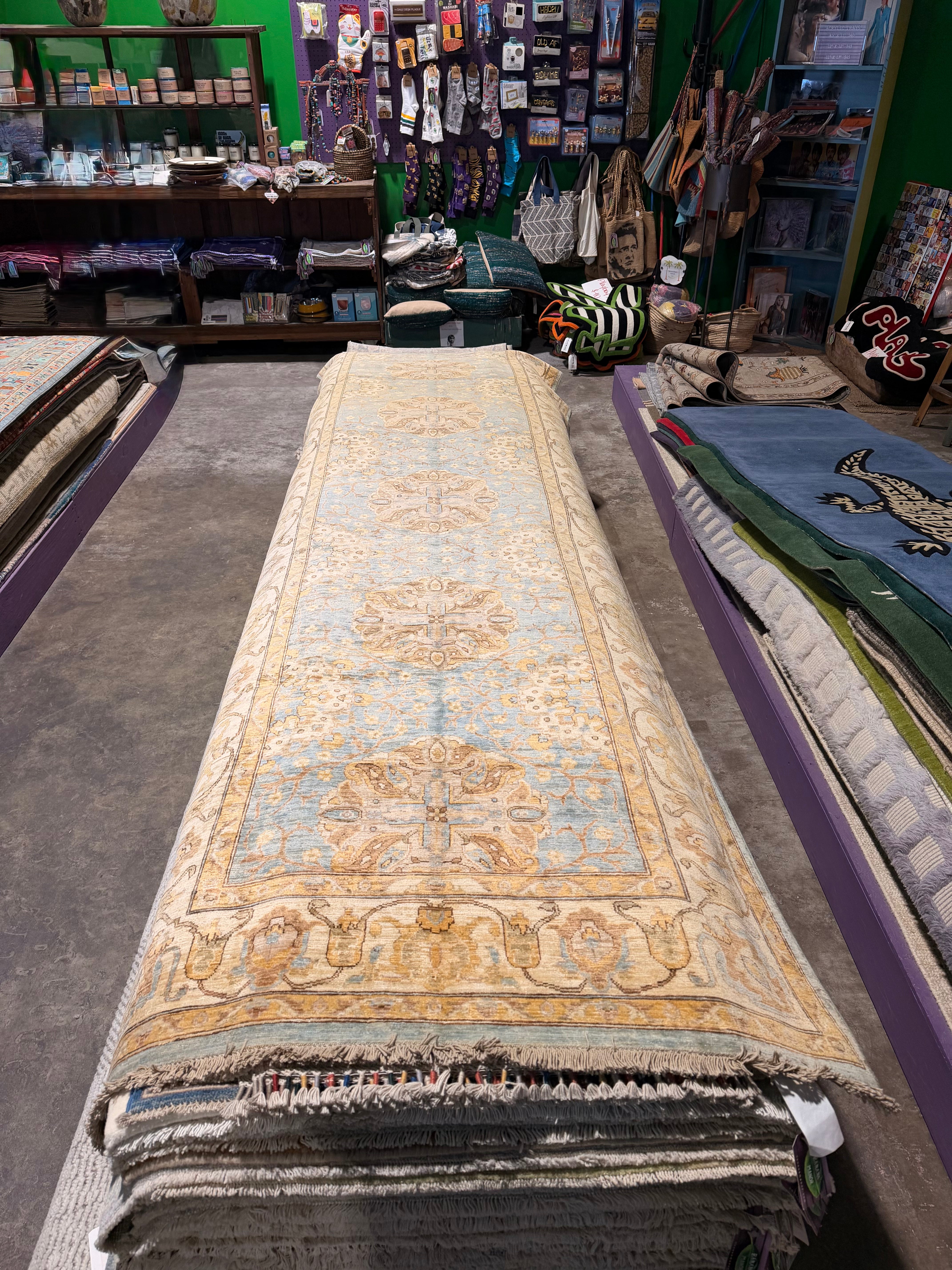 Carla Fisher 3.11x12.9 Blue and Yellow Afghani Ziegler Rug