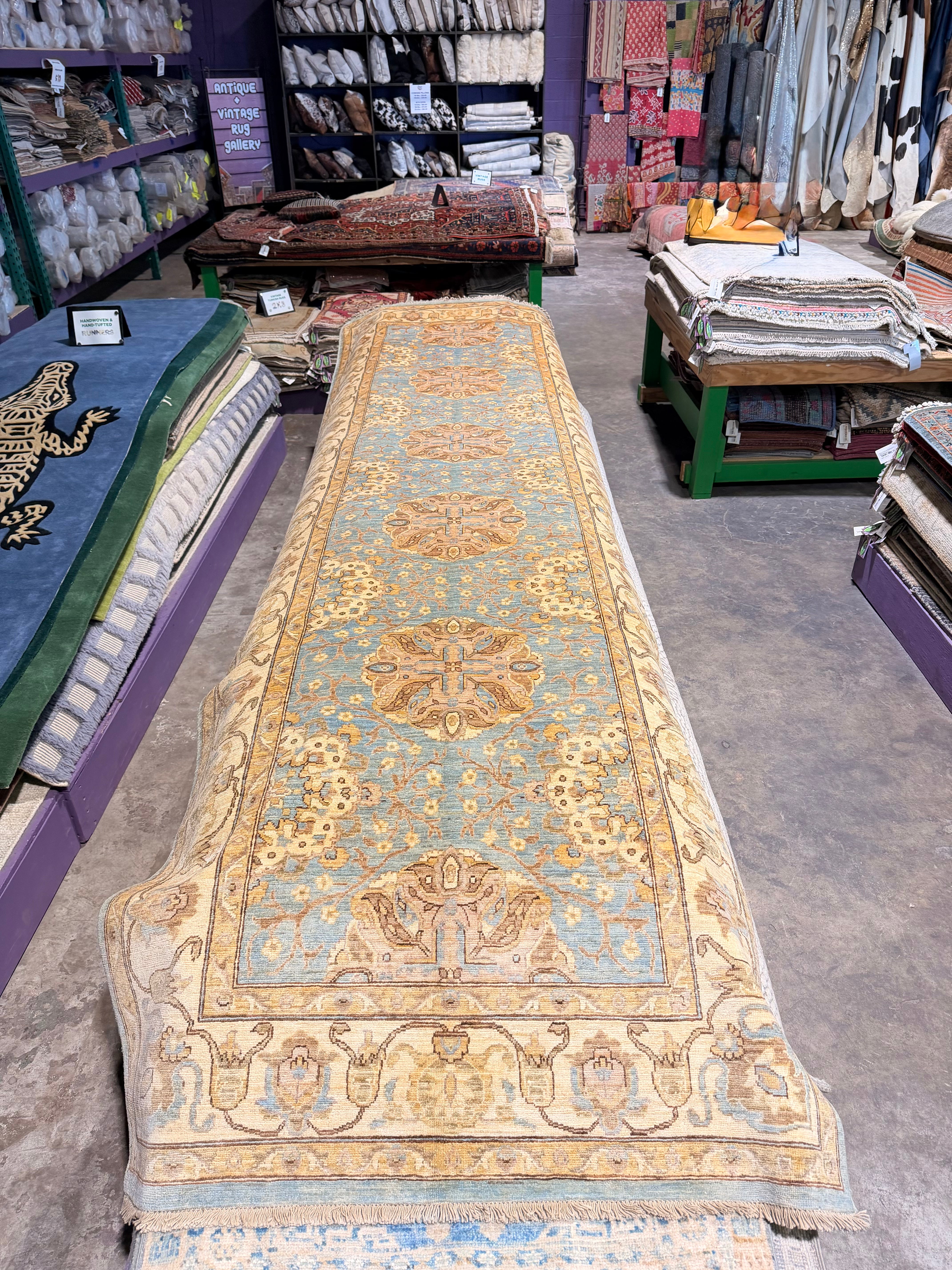 Carla Fisher 3.11x12.9 Blue and Yellow Afghani Ziegler Rug