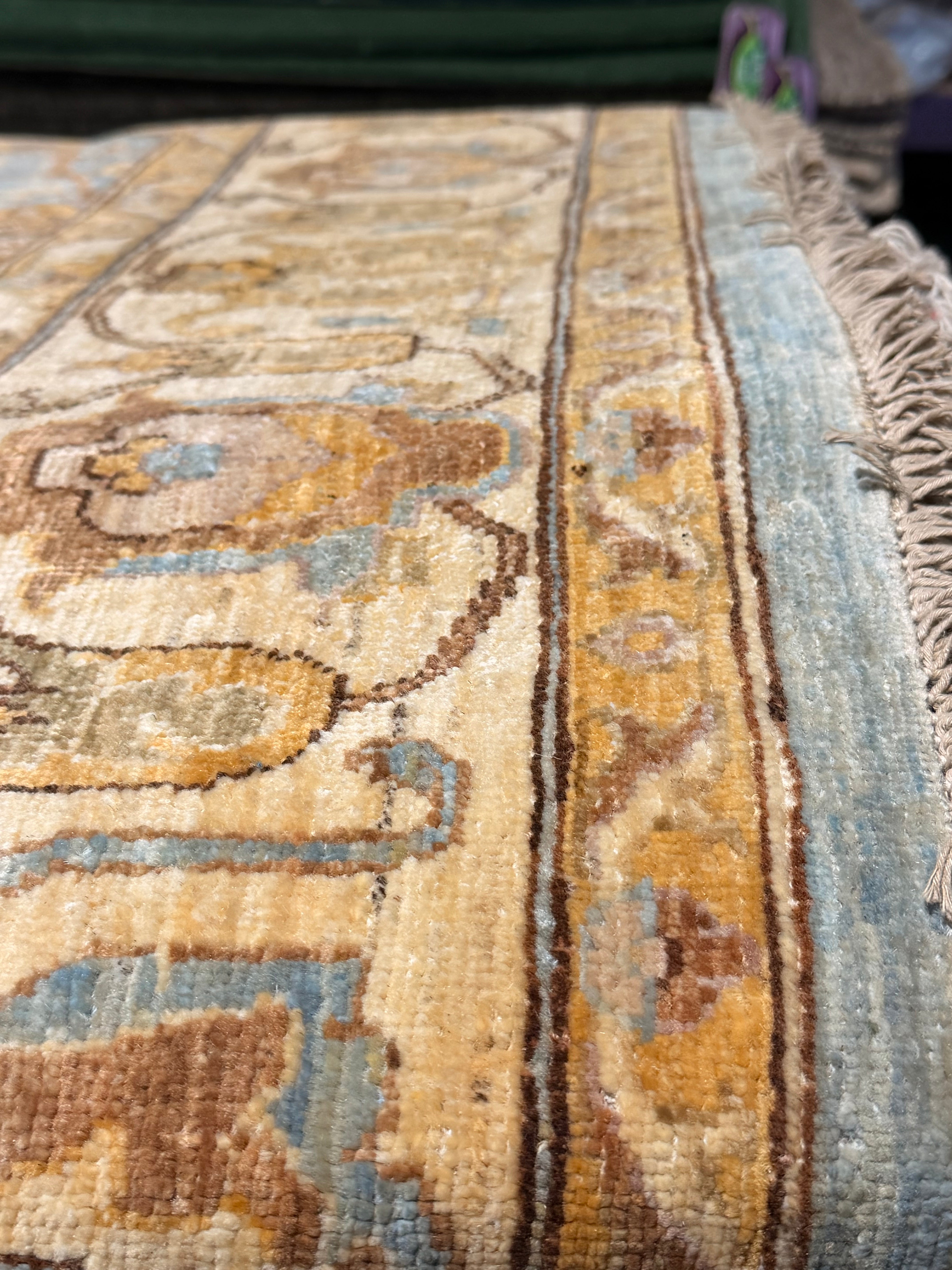 Carla Fisher 3.11x12.9 Blue and Yellow Afghani Ziegler Rug