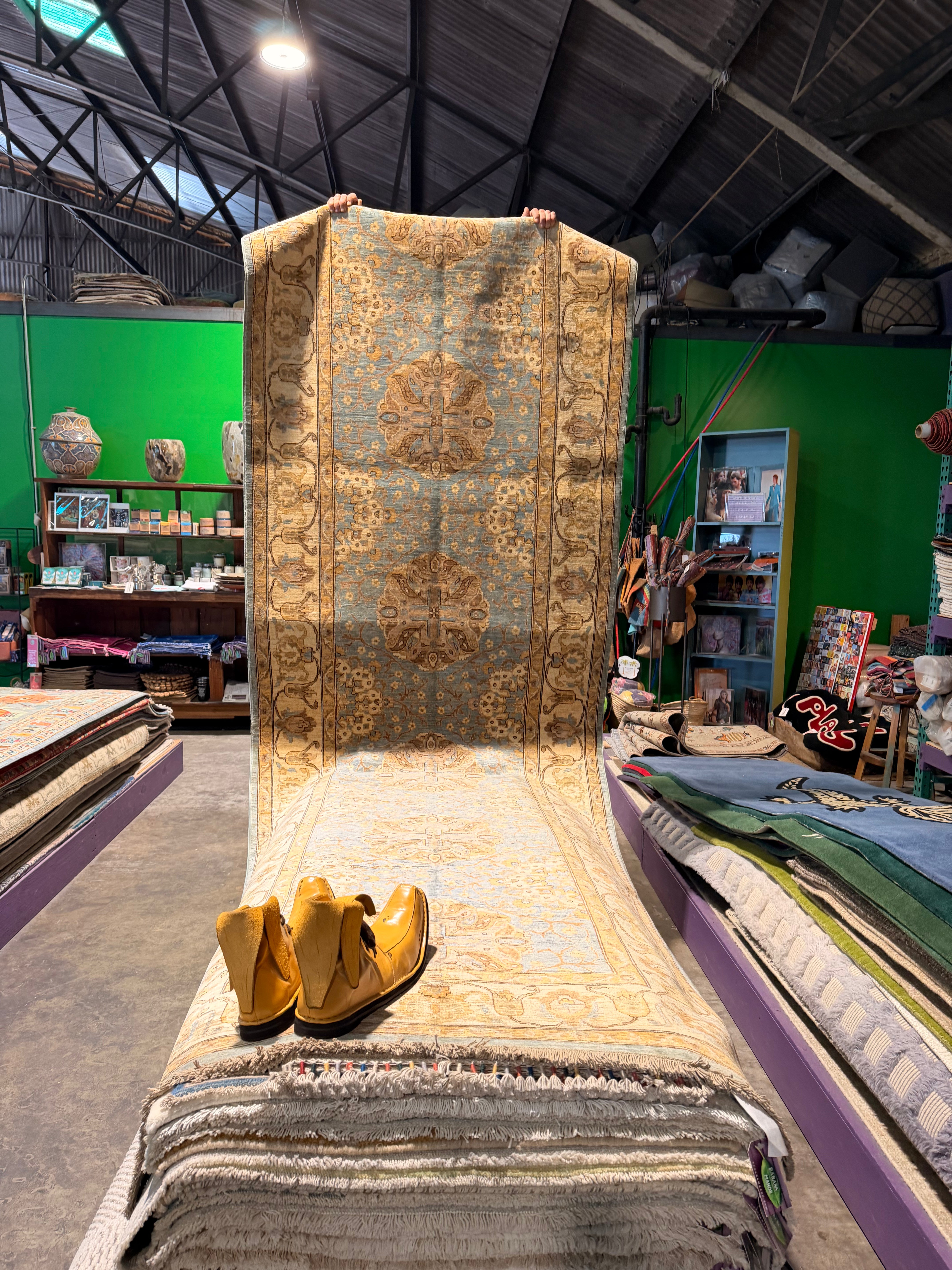 Carla Fisher 3.11x12.9 Blue and Yellow Afghani Ziegler Rug