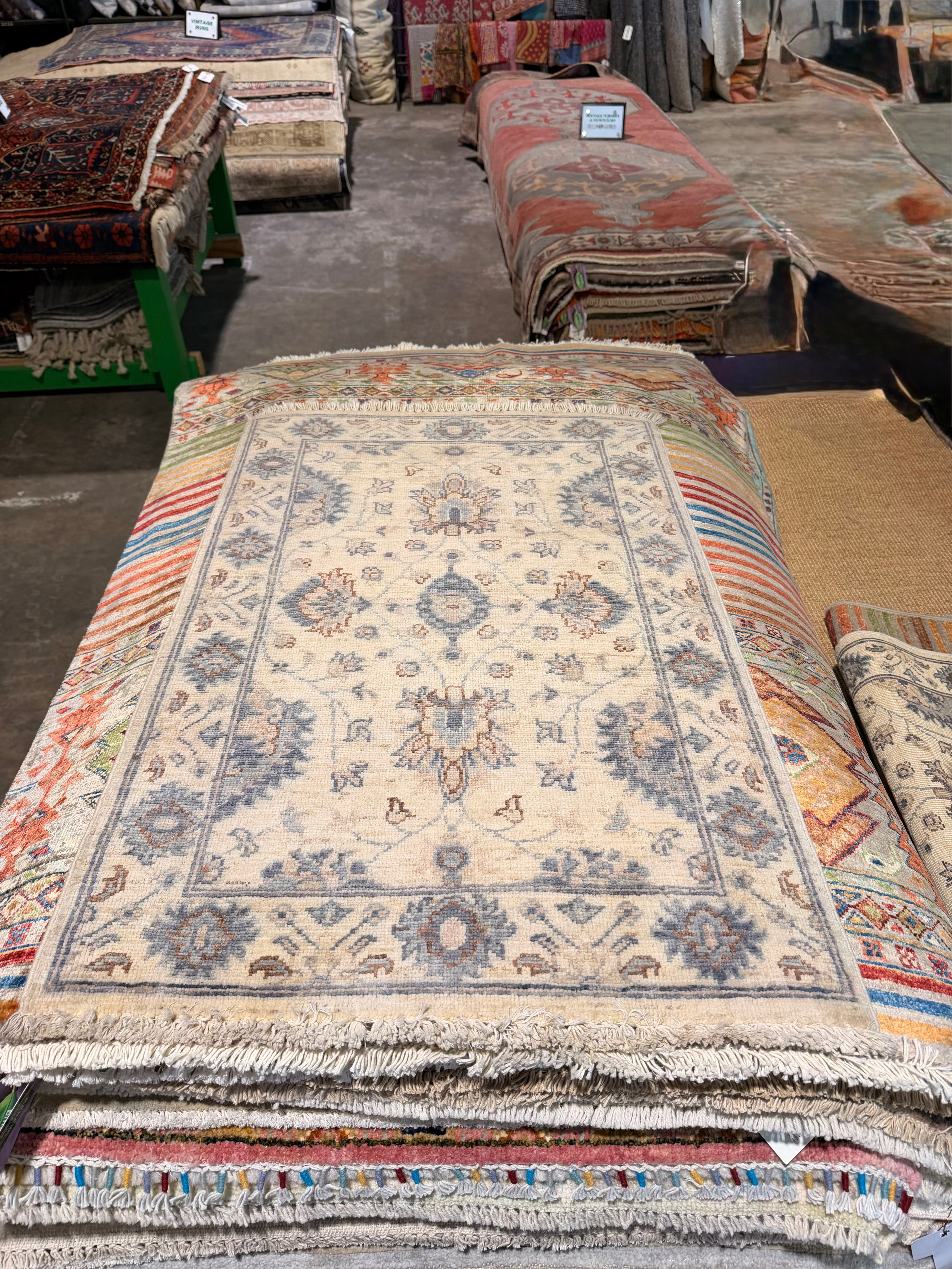 Tori Sampson 2.1x3.2 Cream and Blue Afghani Heriz Rug