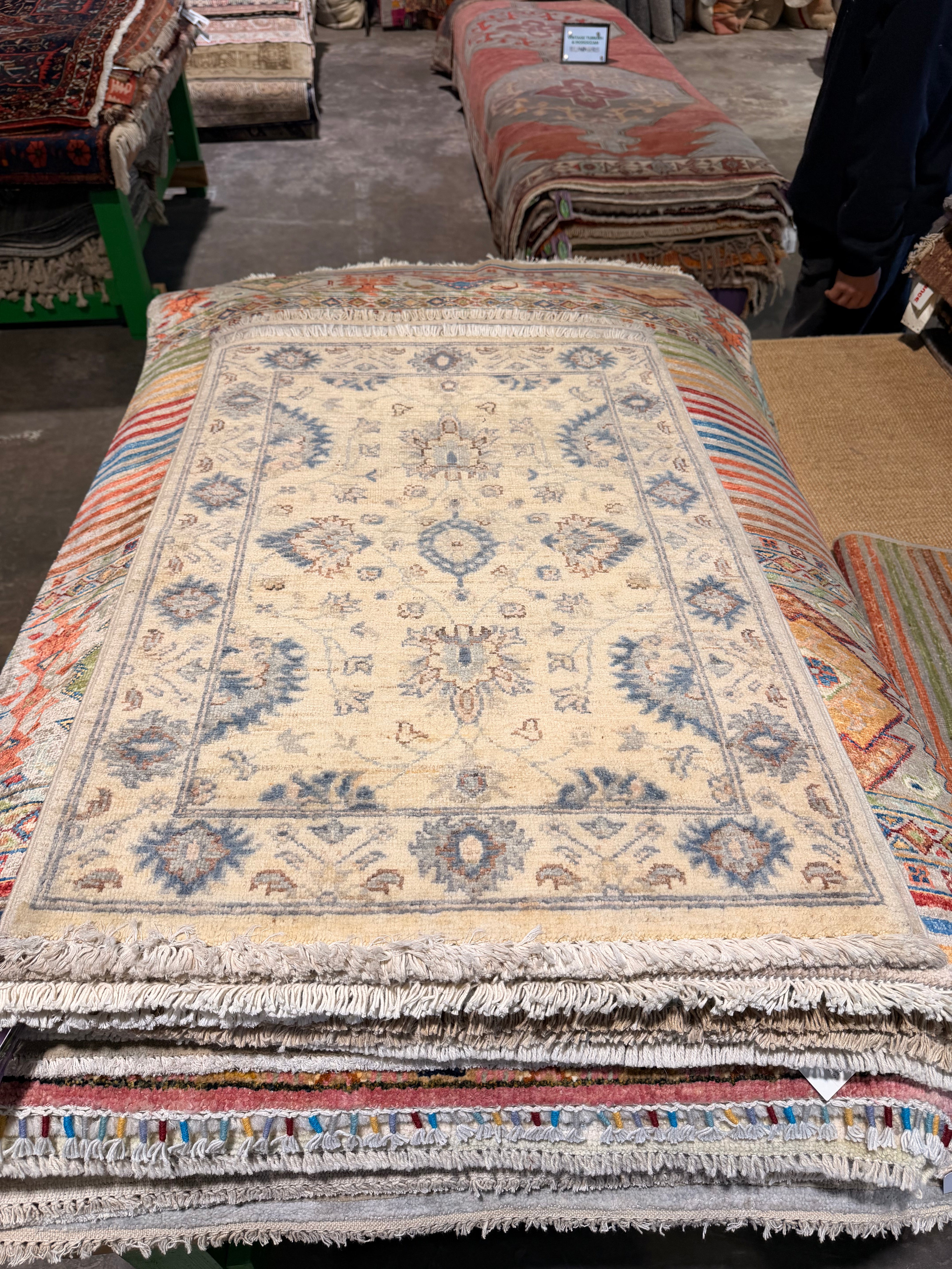 Tessa Thompson 2.1x3 Cream and Blue Afghani Heriz Rug