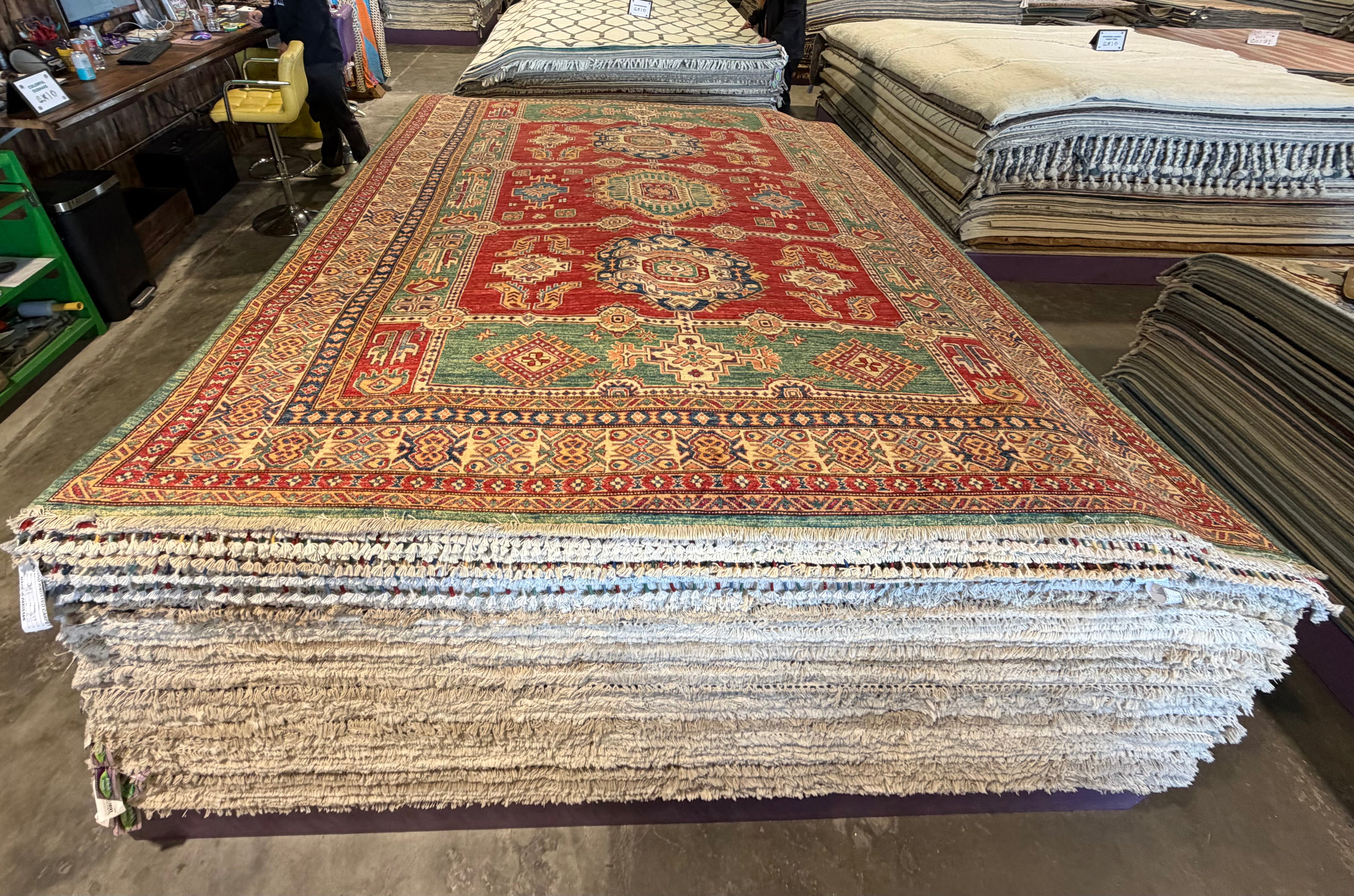 Theresa Thompson 7.11x10.2 Red and Green Afghani Kazak Rug