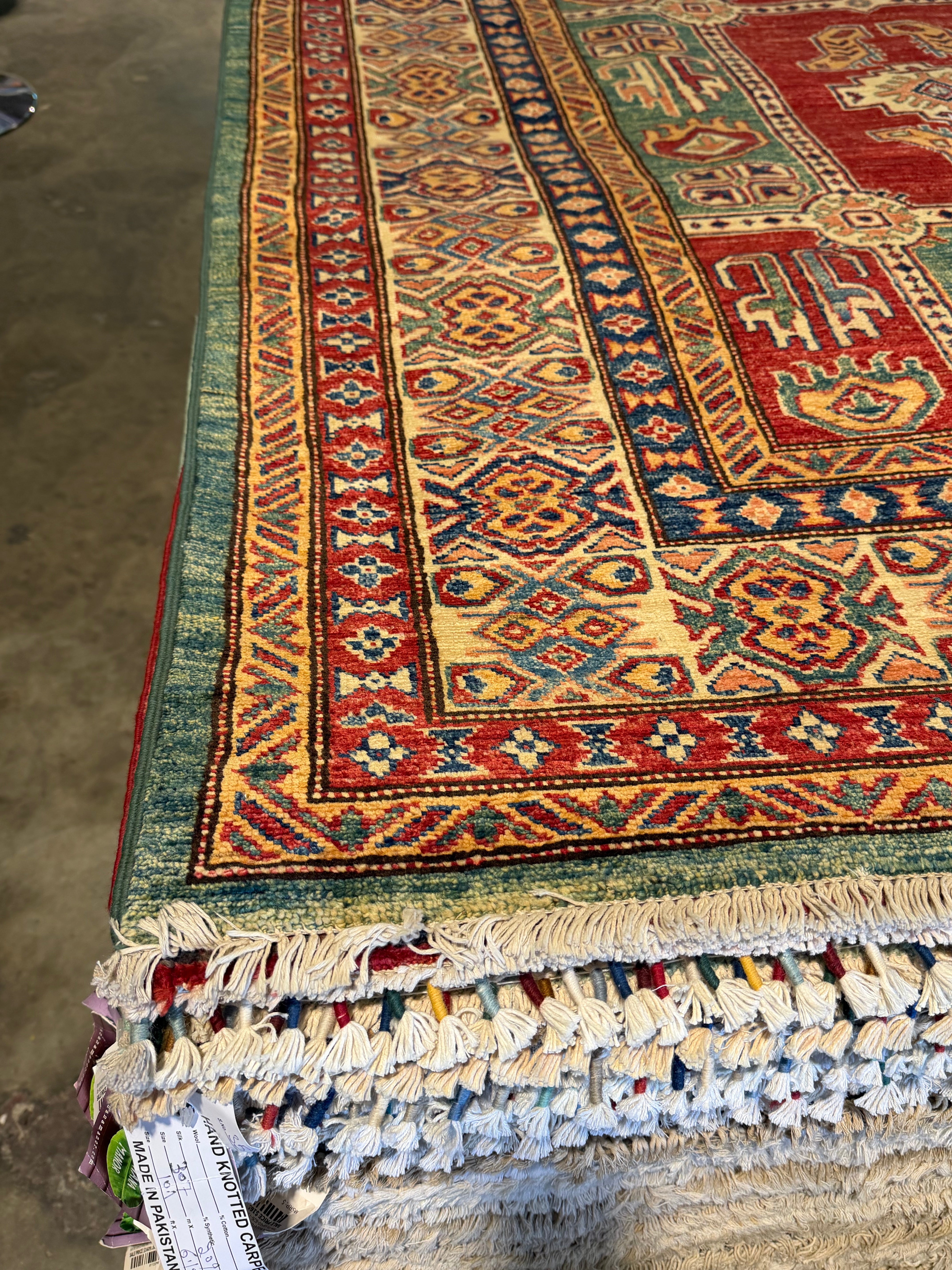 Theresa Thompson 7.11x10.2 Red and Green Afghani Kazak Rug