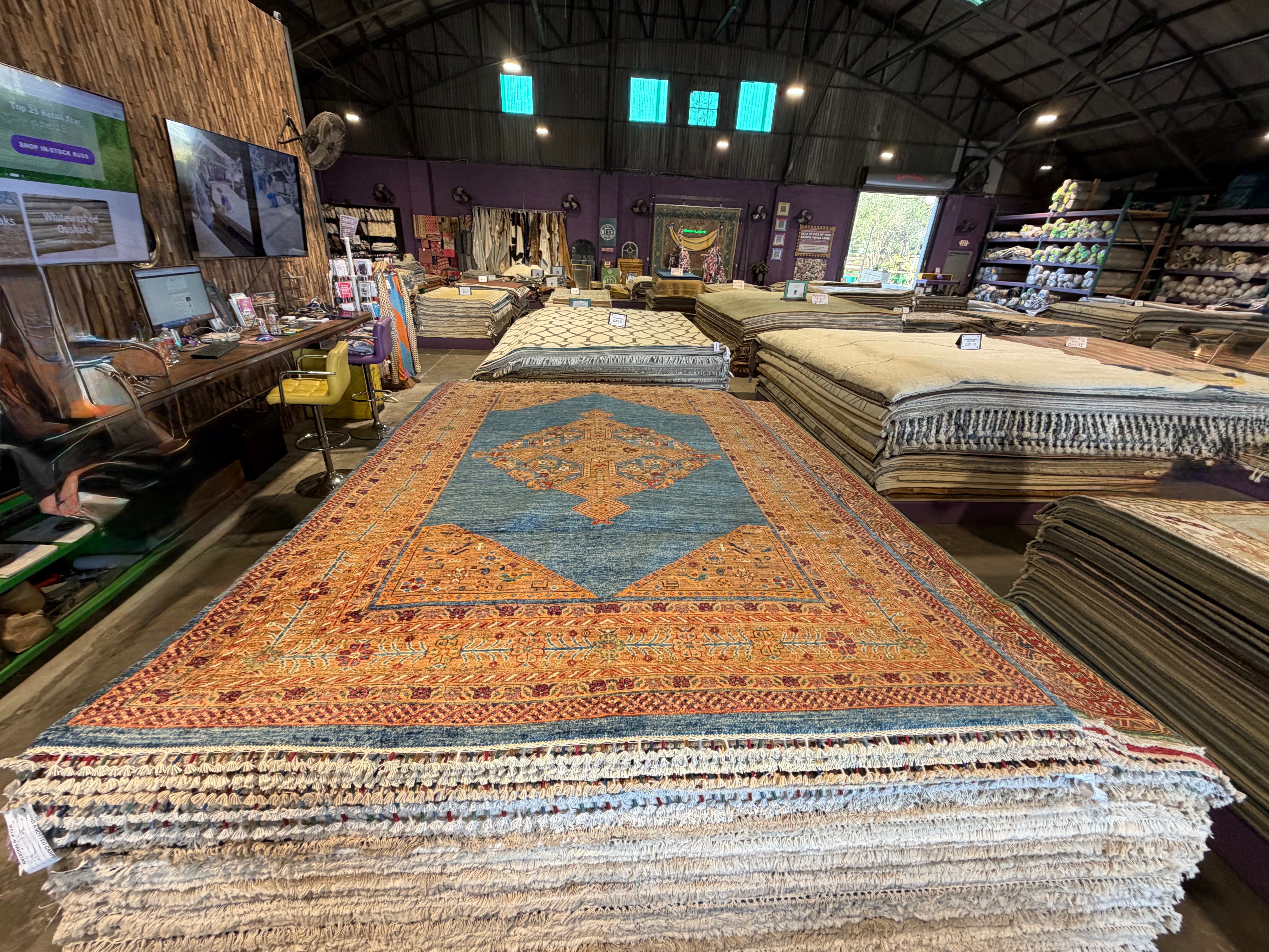 Cary Deuber 6.9x9.8 Orange and Blue Afghani Mamluk Rug