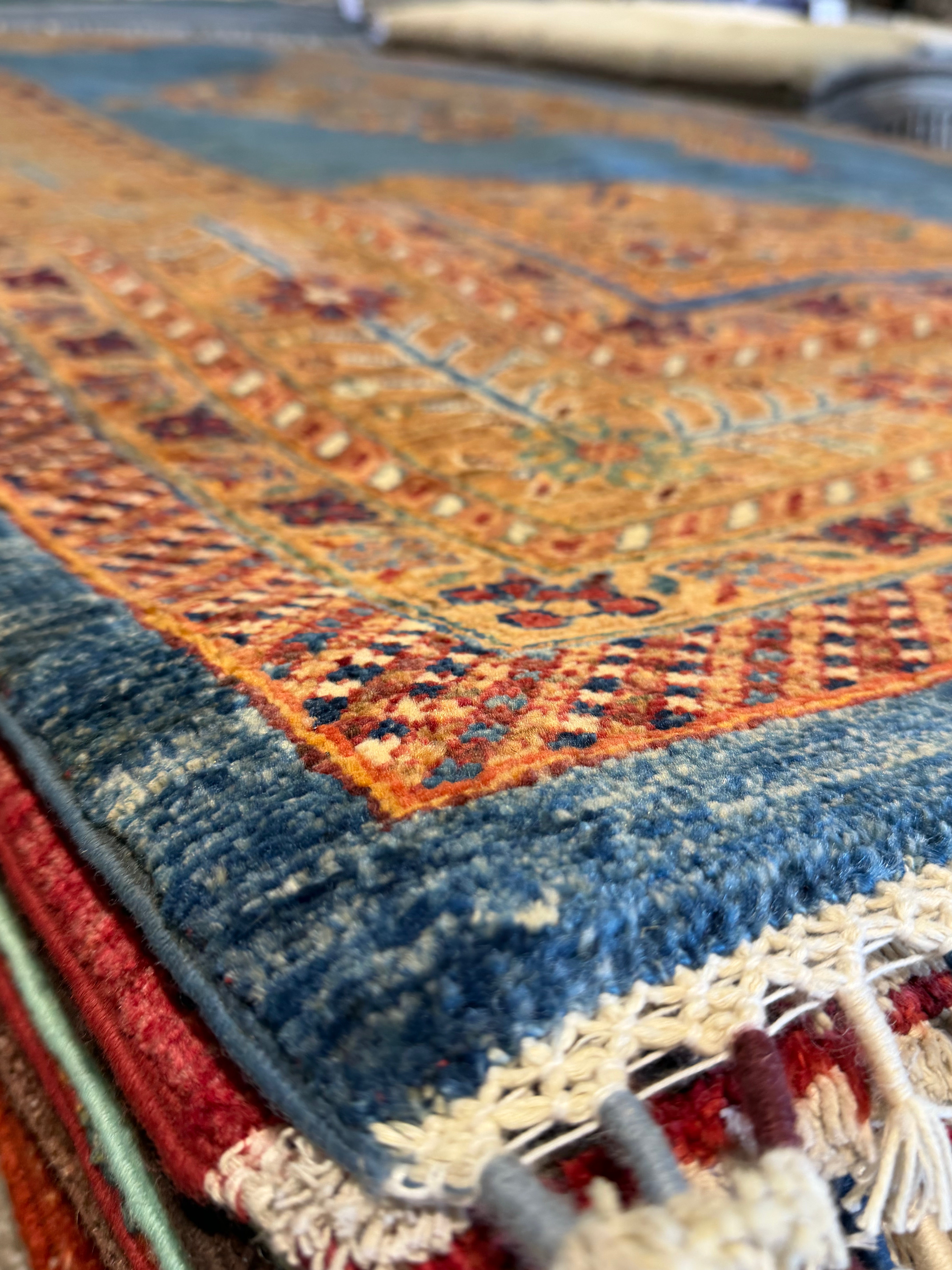 Cary Deuber 6.9x9.8 Orange and Blue Afghani Mamluk Rug