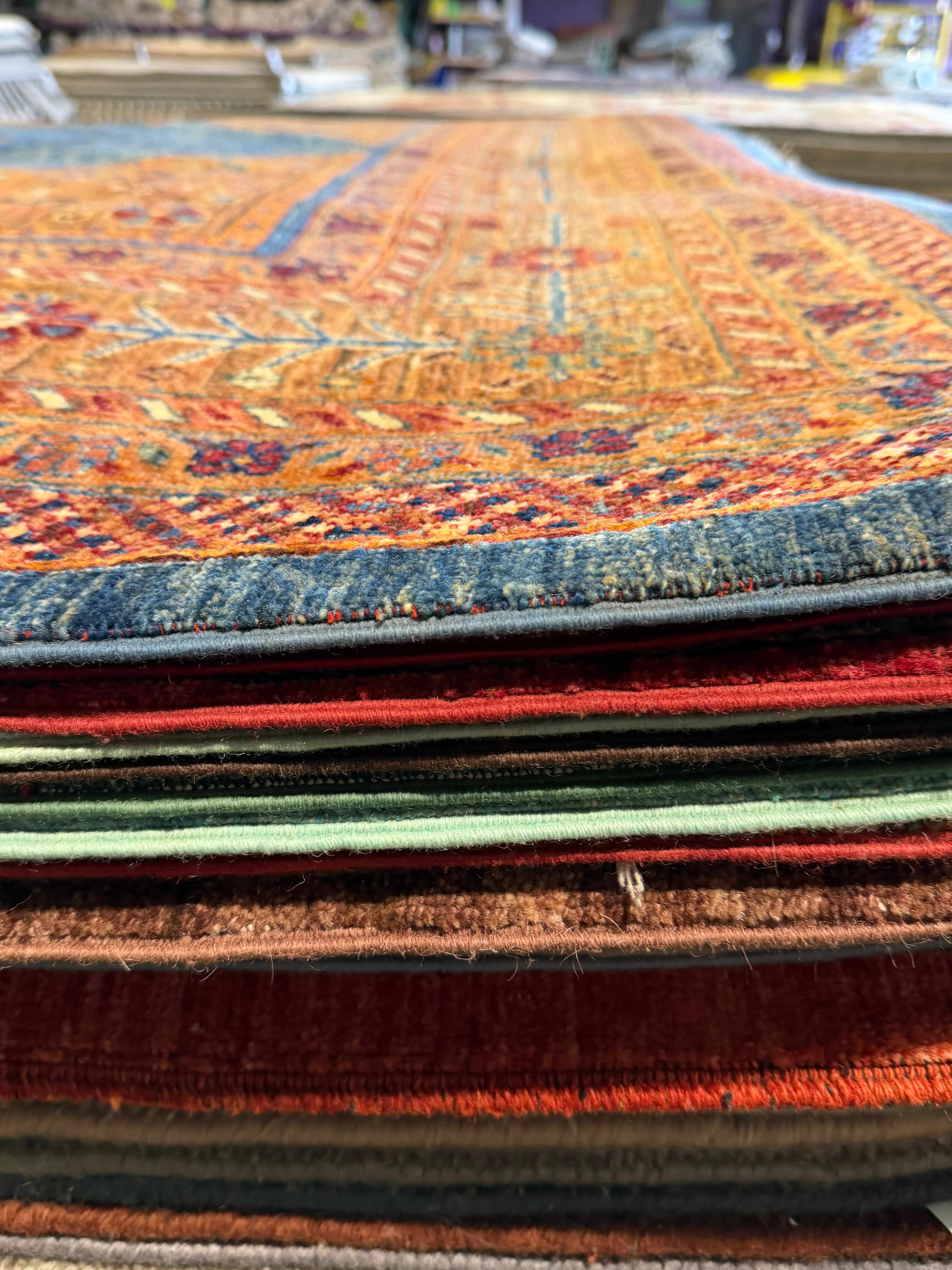 Cary Deuber 6.9x9.8 Orange and Blue Afghani Mamluk Rug