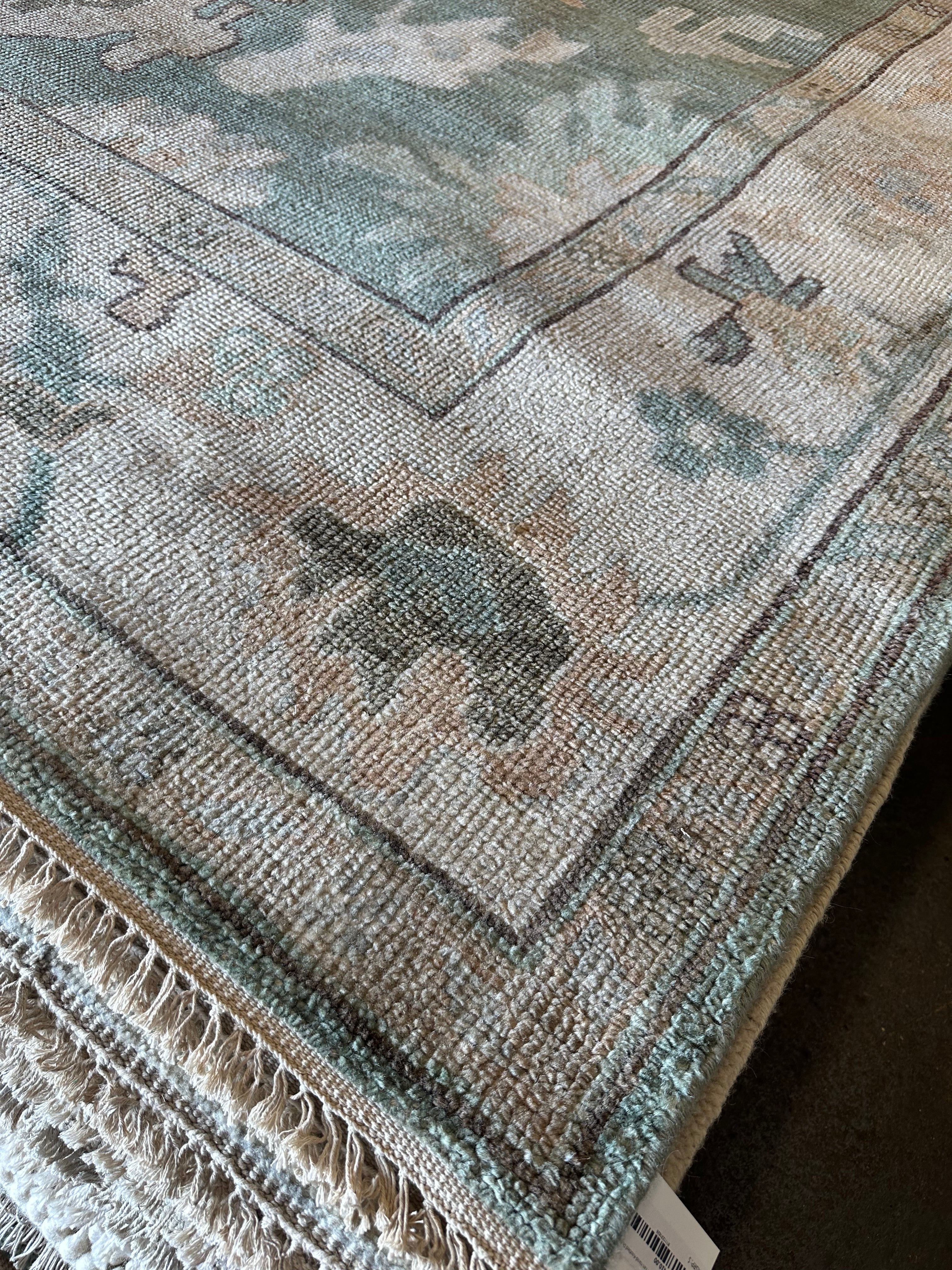 Mara Miller 10X14 Light Green and Tan Hand-Knotted Oushak Rug