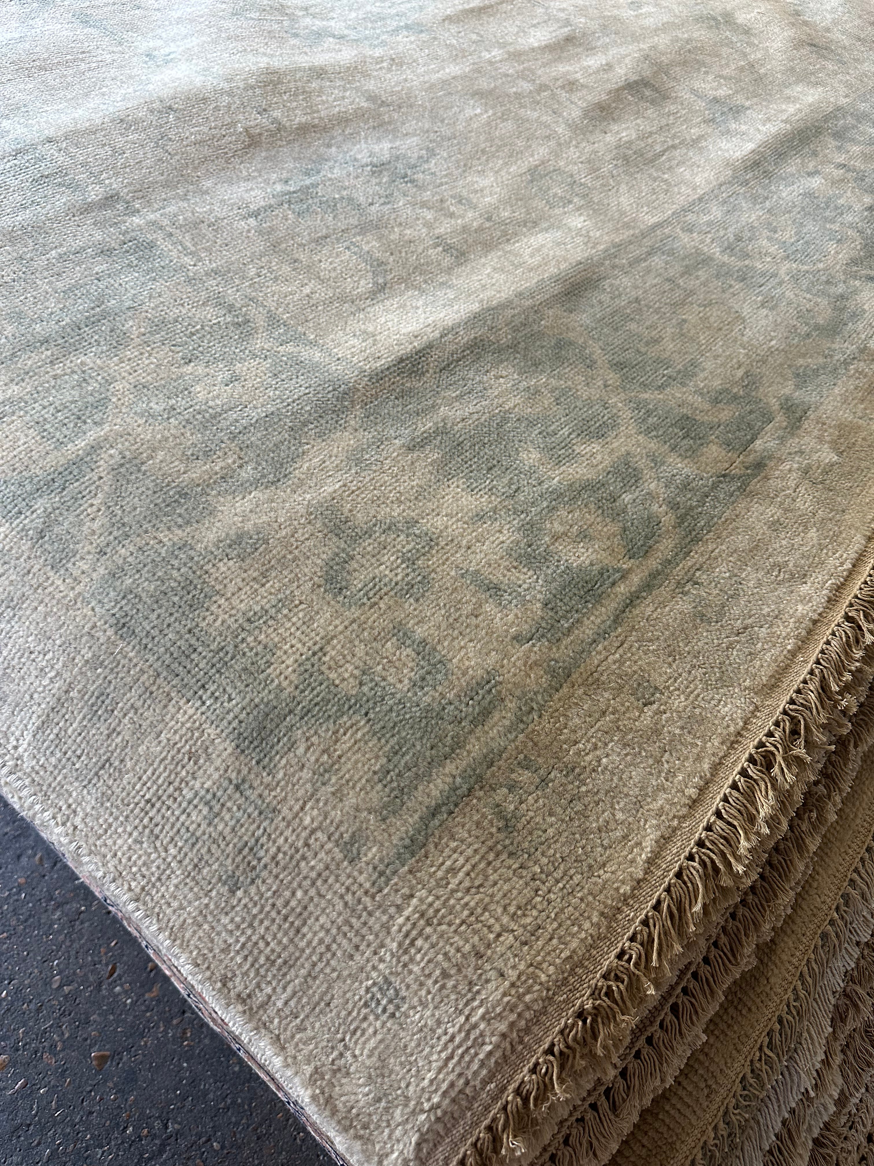 Christine Gachot 9x12 Ivory and Light Green Hand-Knotted Oushak Rug