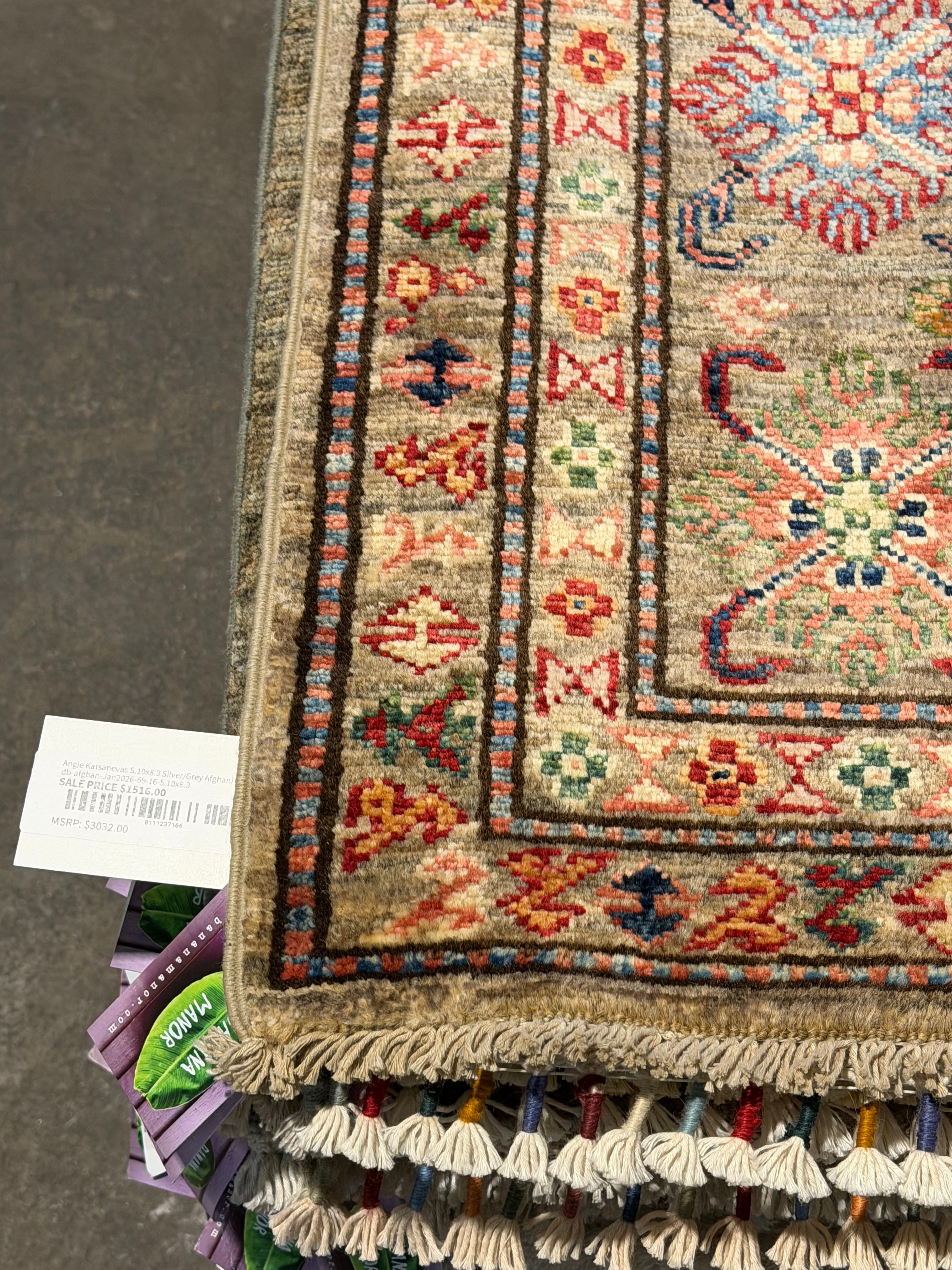 Caroline Stanbury 5.6x8.2 Silver/Grey Afghani Kazak Rug