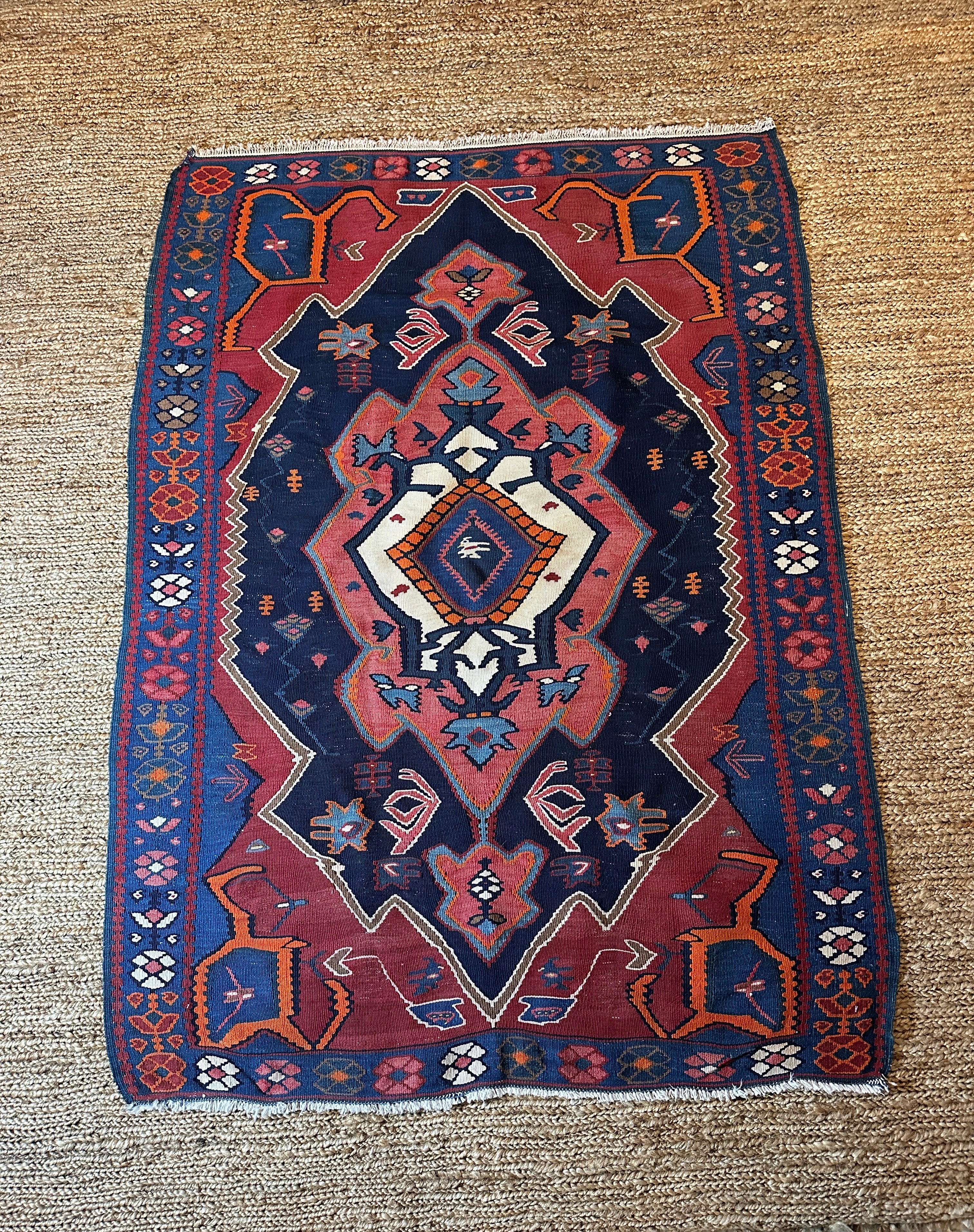 Antique Kord-Bijar Red and Blue Kilim 3.10x5.3