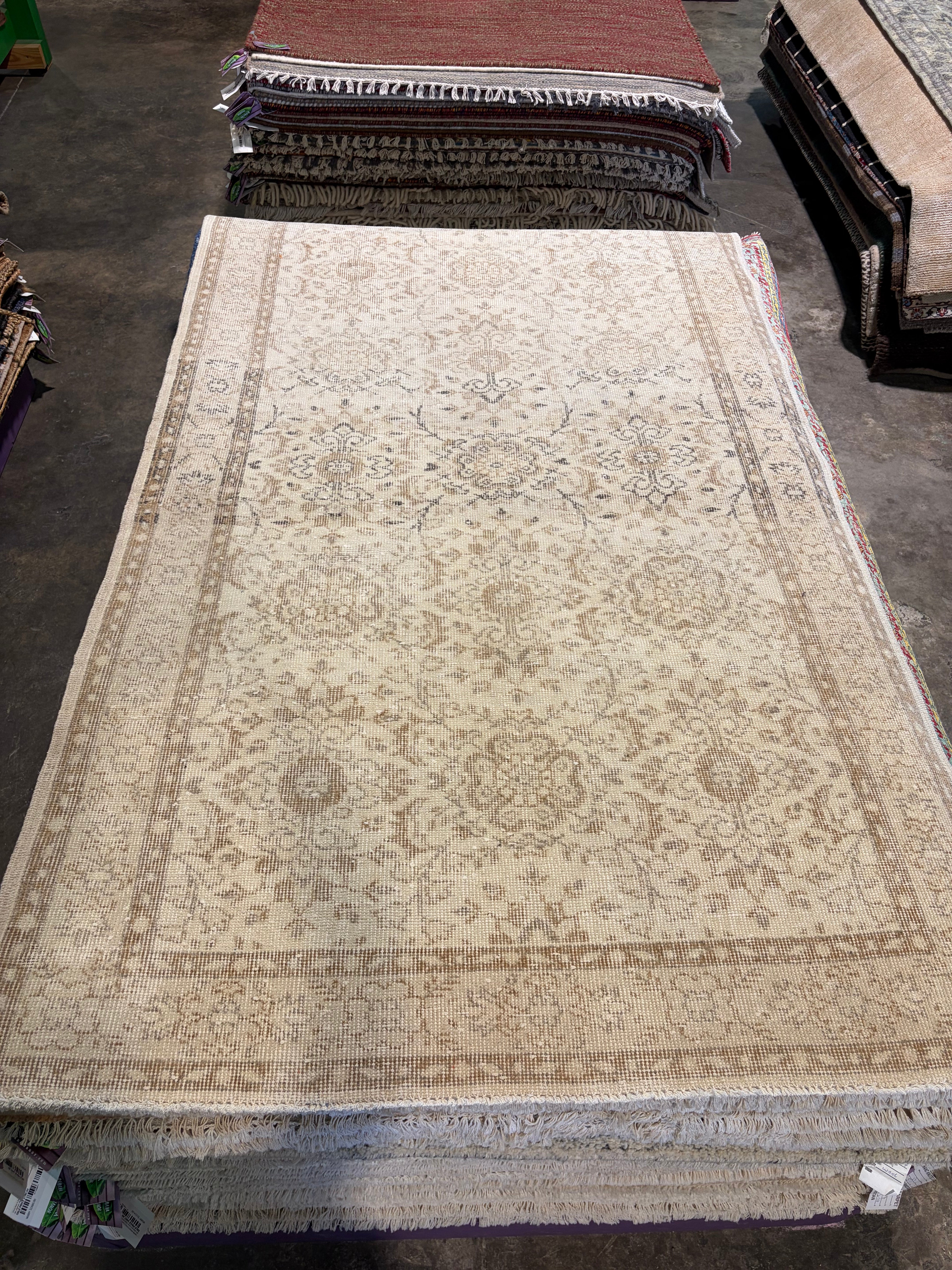 Gracie Brown 3.11x7 Cream and Brown Hand-Knotted Vintage Turkish Oushak