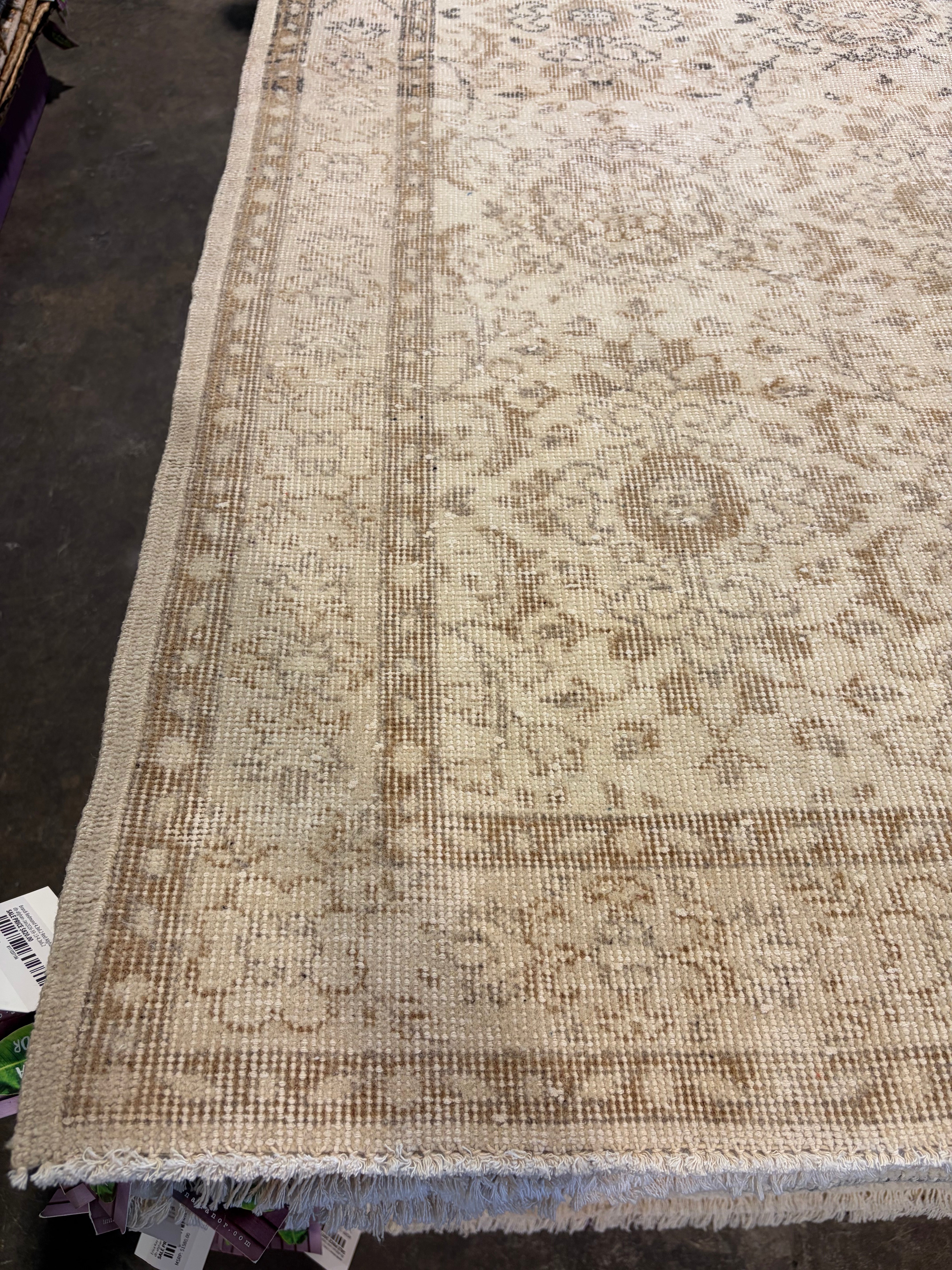 Gracie Brown 3.11x7 Cream and Brown Hand-Knotted Vintage Turkish Oushak