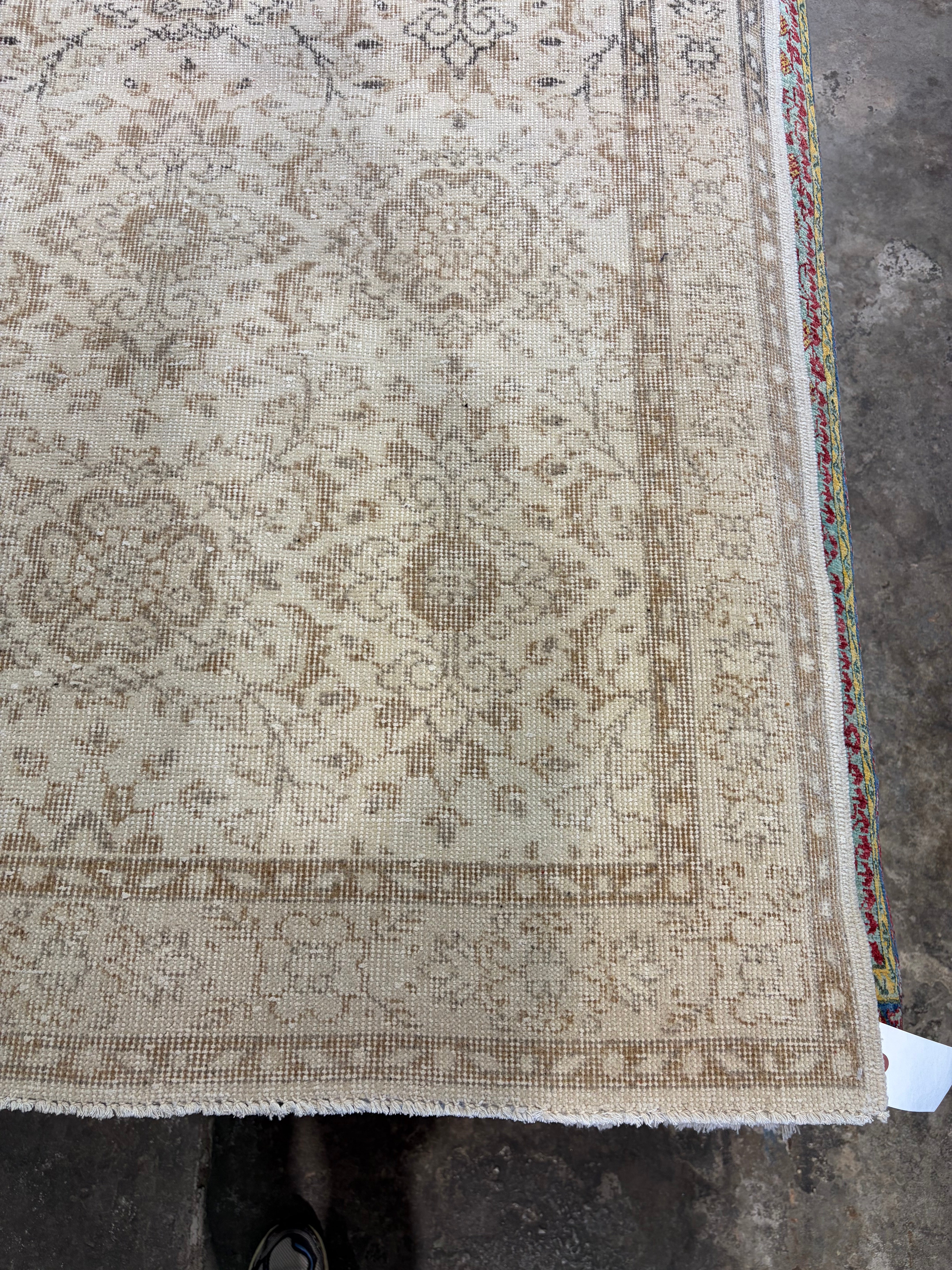 Gracie Brown 3.11x7 Cream and Brown Hand-Knotted Vintage Turkish Oushak