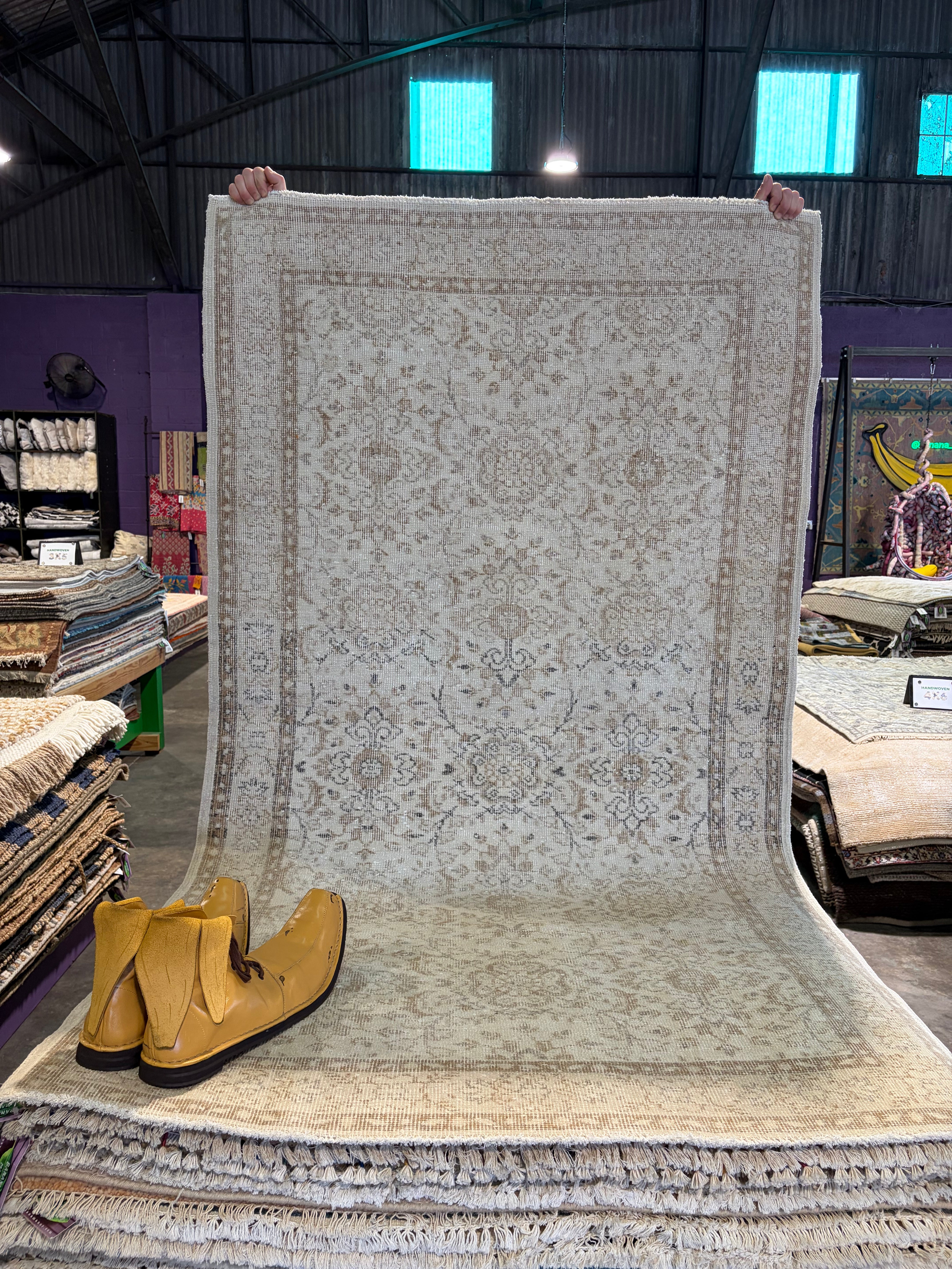 Gracie Brown 3.11x7 Cream and Brown Hand-Knotted Vintage Turkish Oushak