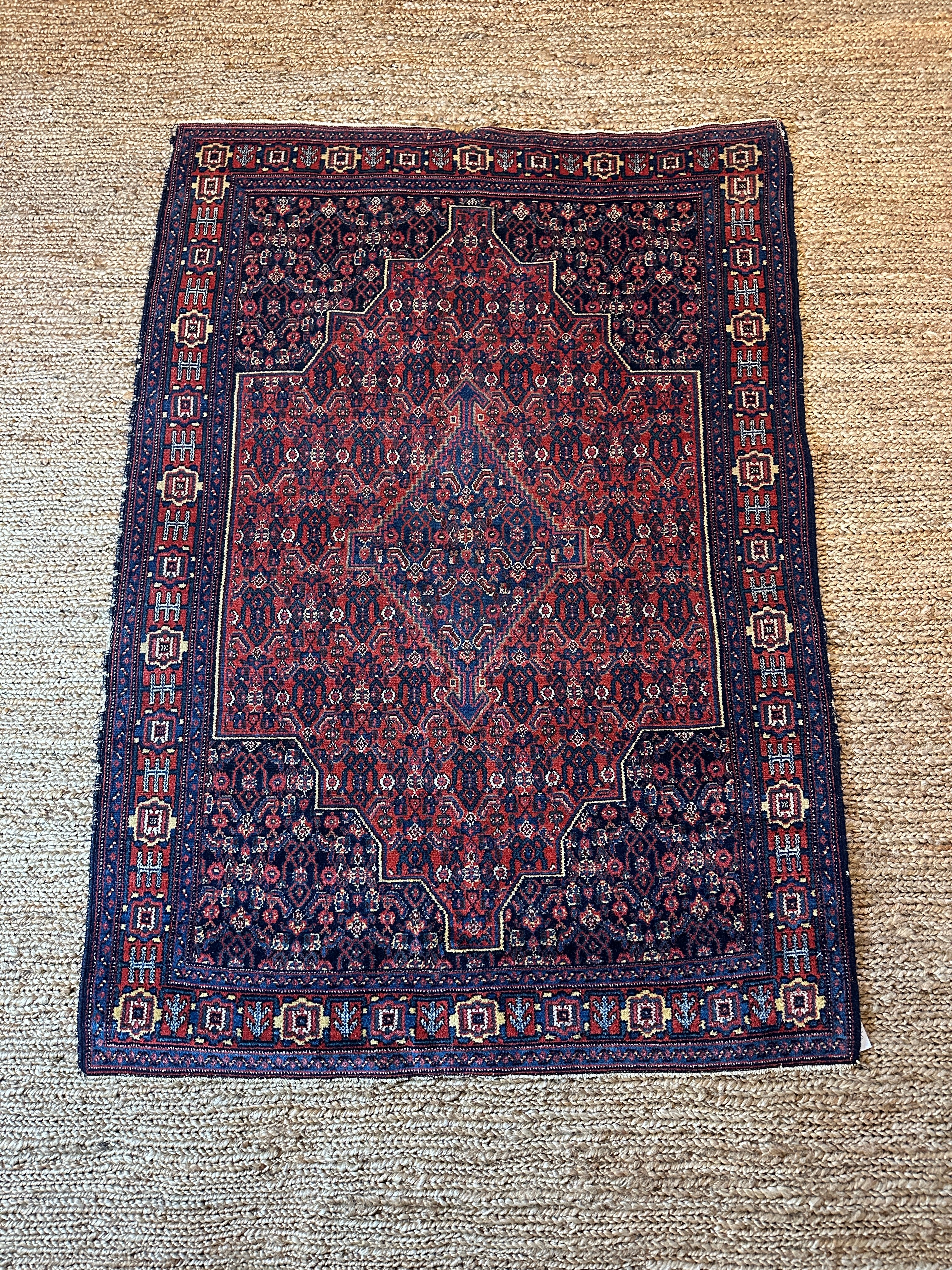 Antique Persian Senneh Red and Blue Rug 3.6x5