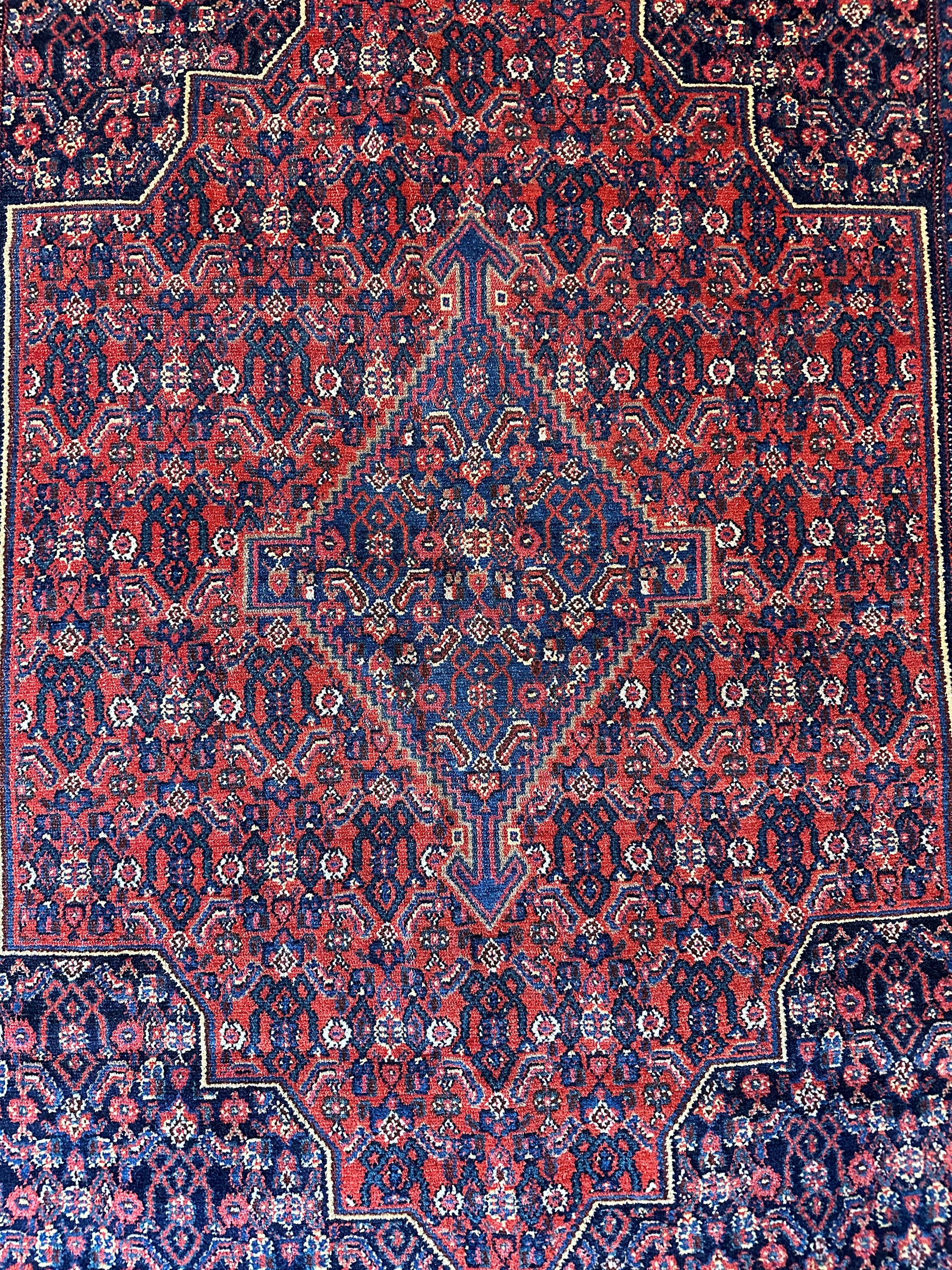 Antique Persian Senneh Red and Blue Rug 3.6x5