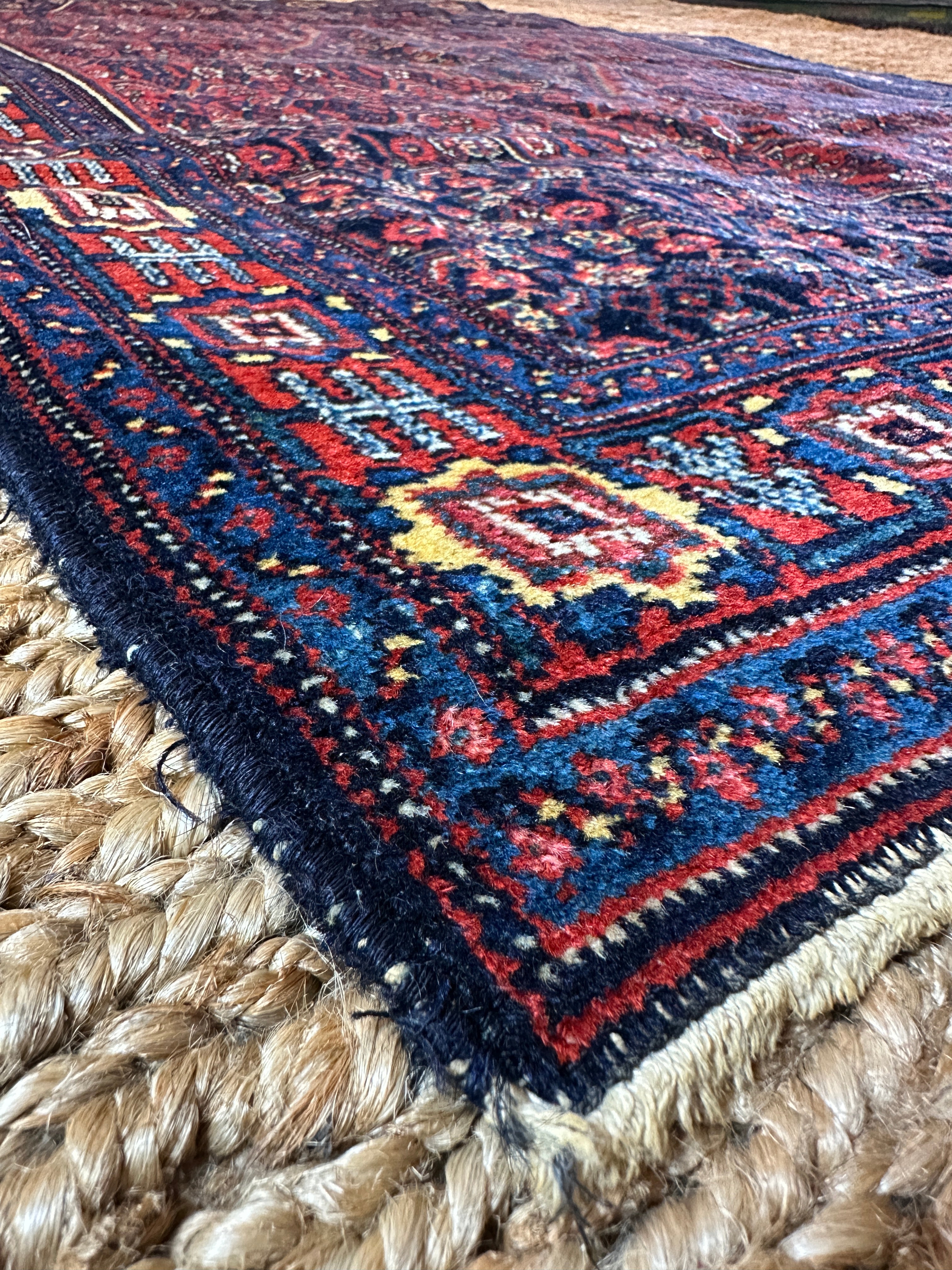 Antique Persian Senneh Red and Blue Rug 3.6x5