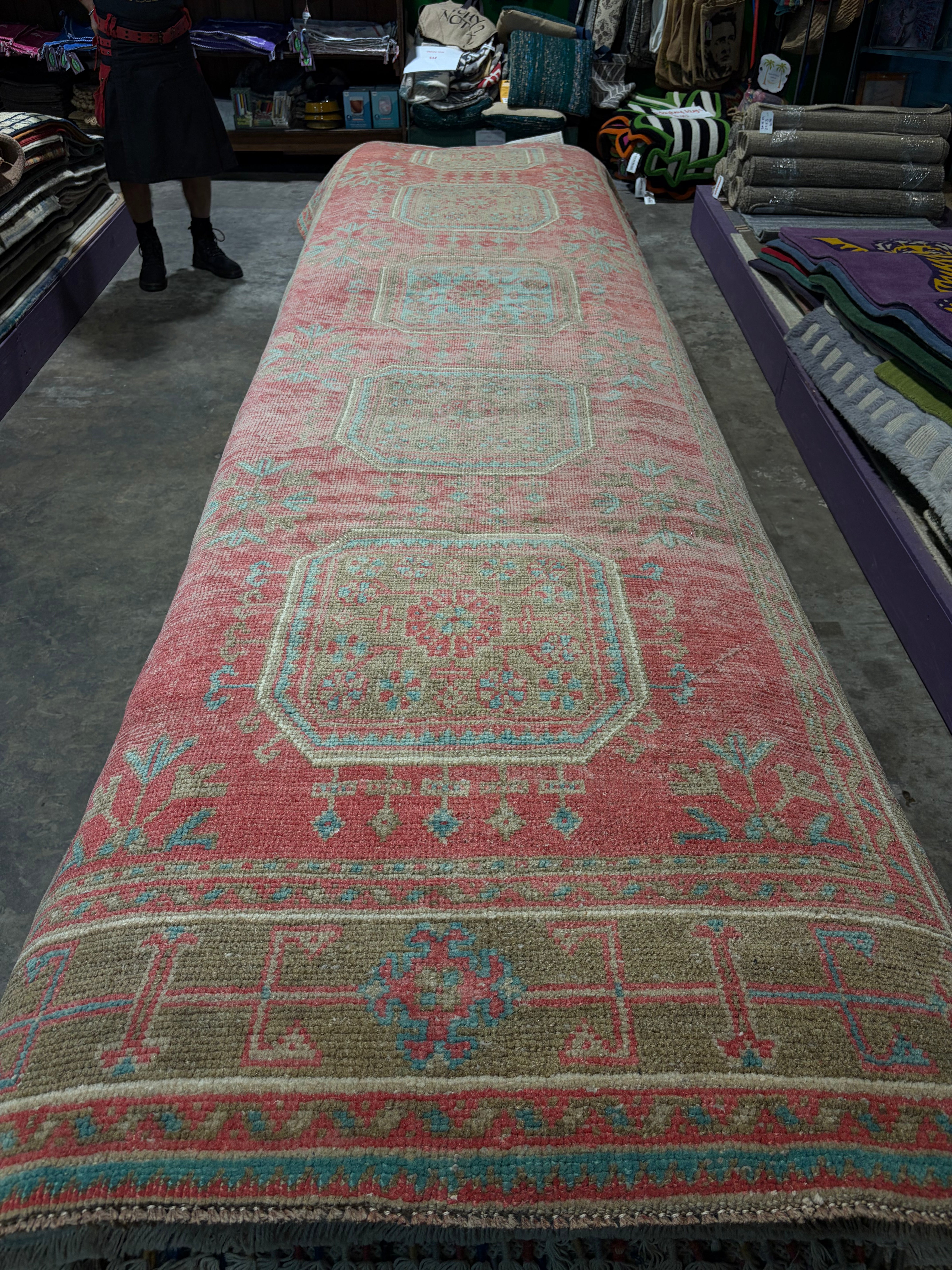 Sylvia Griffith 4.6x12 Red Hand-Knotted Vintage Turkish Oushak Runner