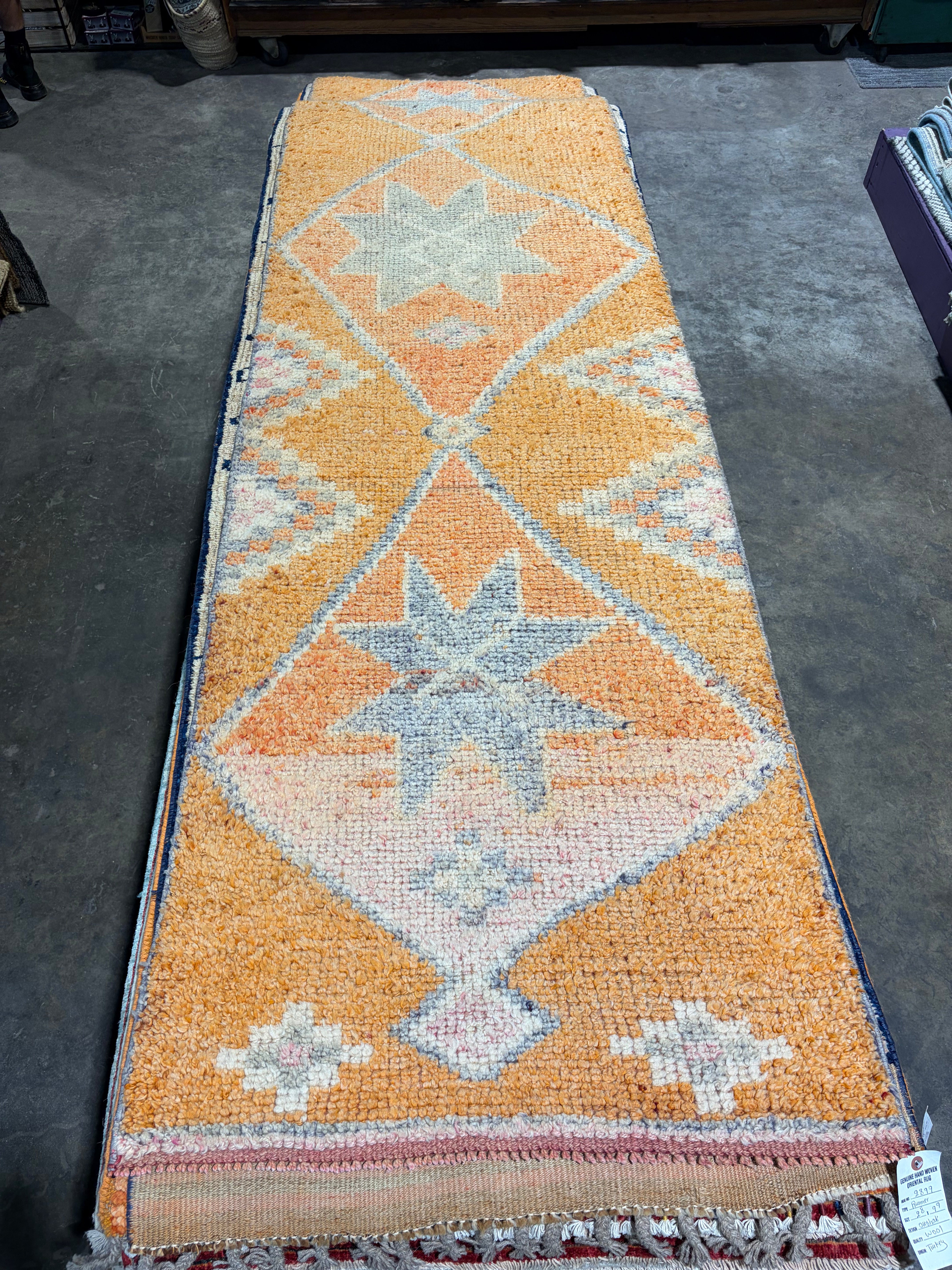 Angel Nugent 2.8x9.9 Orange Hand-Knotted Vintage Turkish Oushak Runner