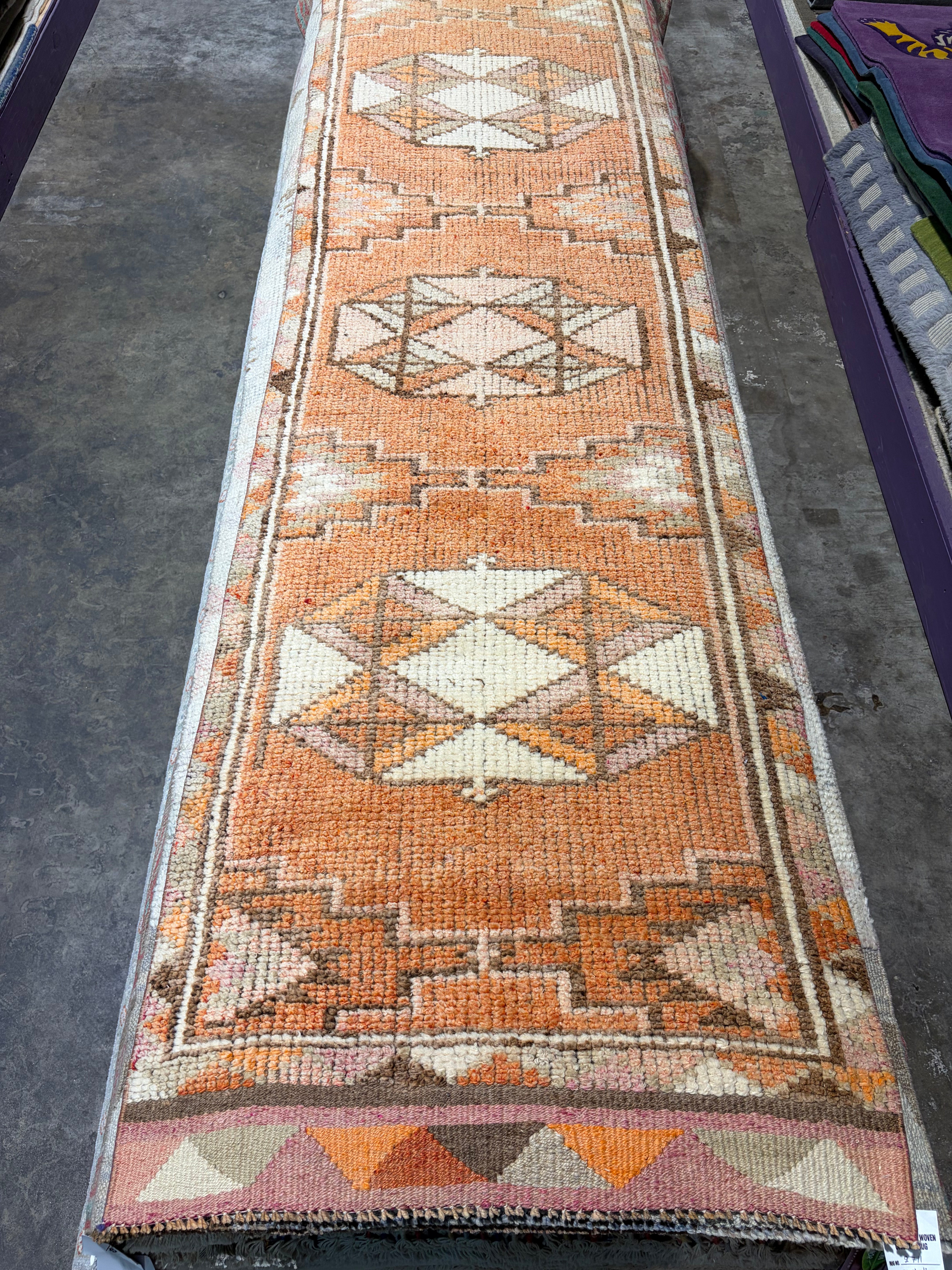 Rayen Gold 2.7x10 Orange Hand-Knotted Vintage Turkish Oushak