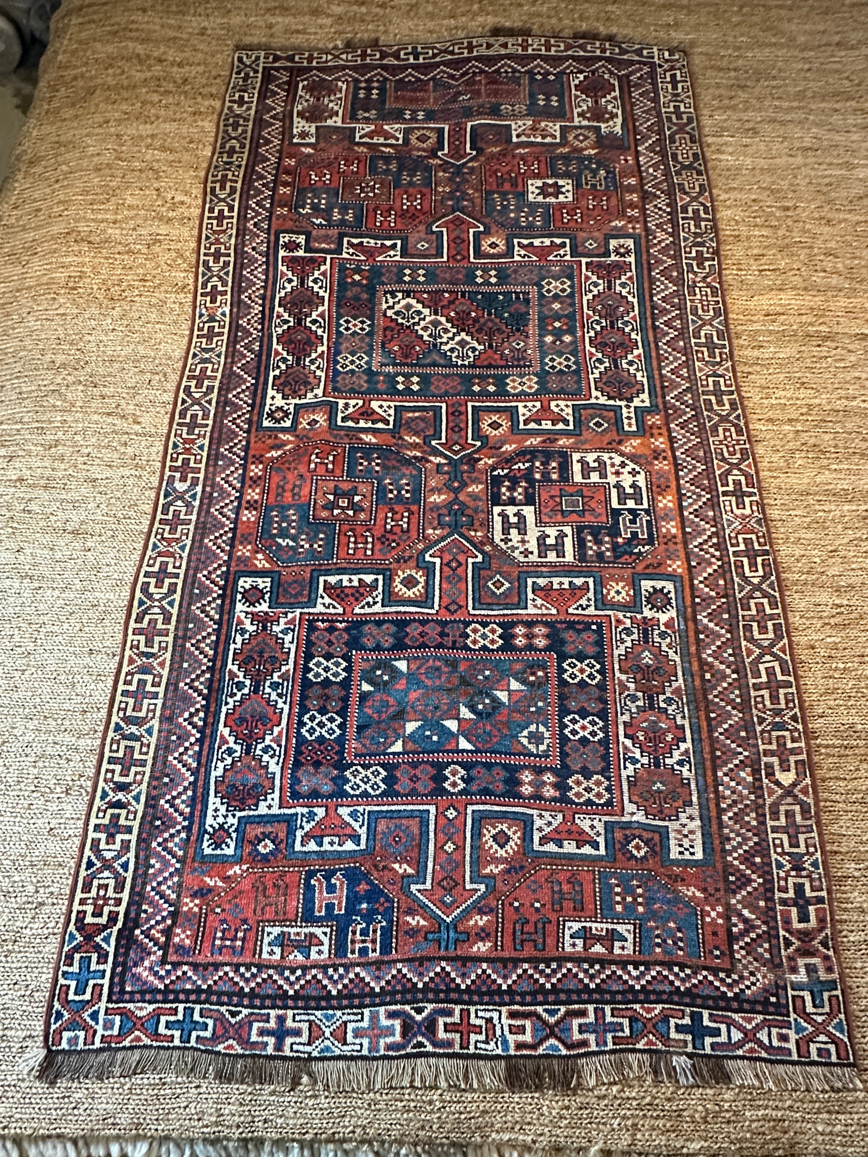 Antique Handwoven by Quchan Kurdish Blue and Red Rug 4.8x9.6