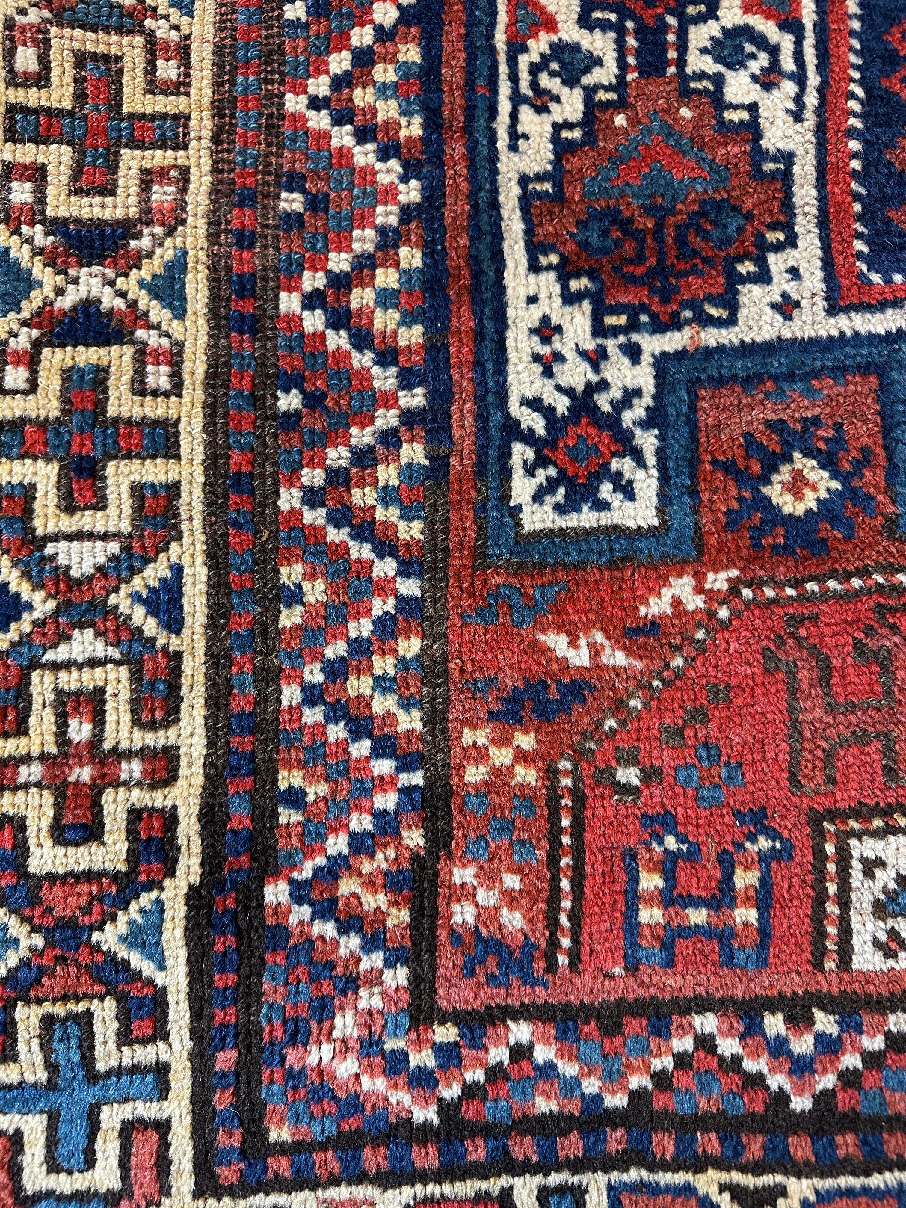 Antique Handwoven by Quchan Kurdish Blue and Red Rug 4.8x9.6