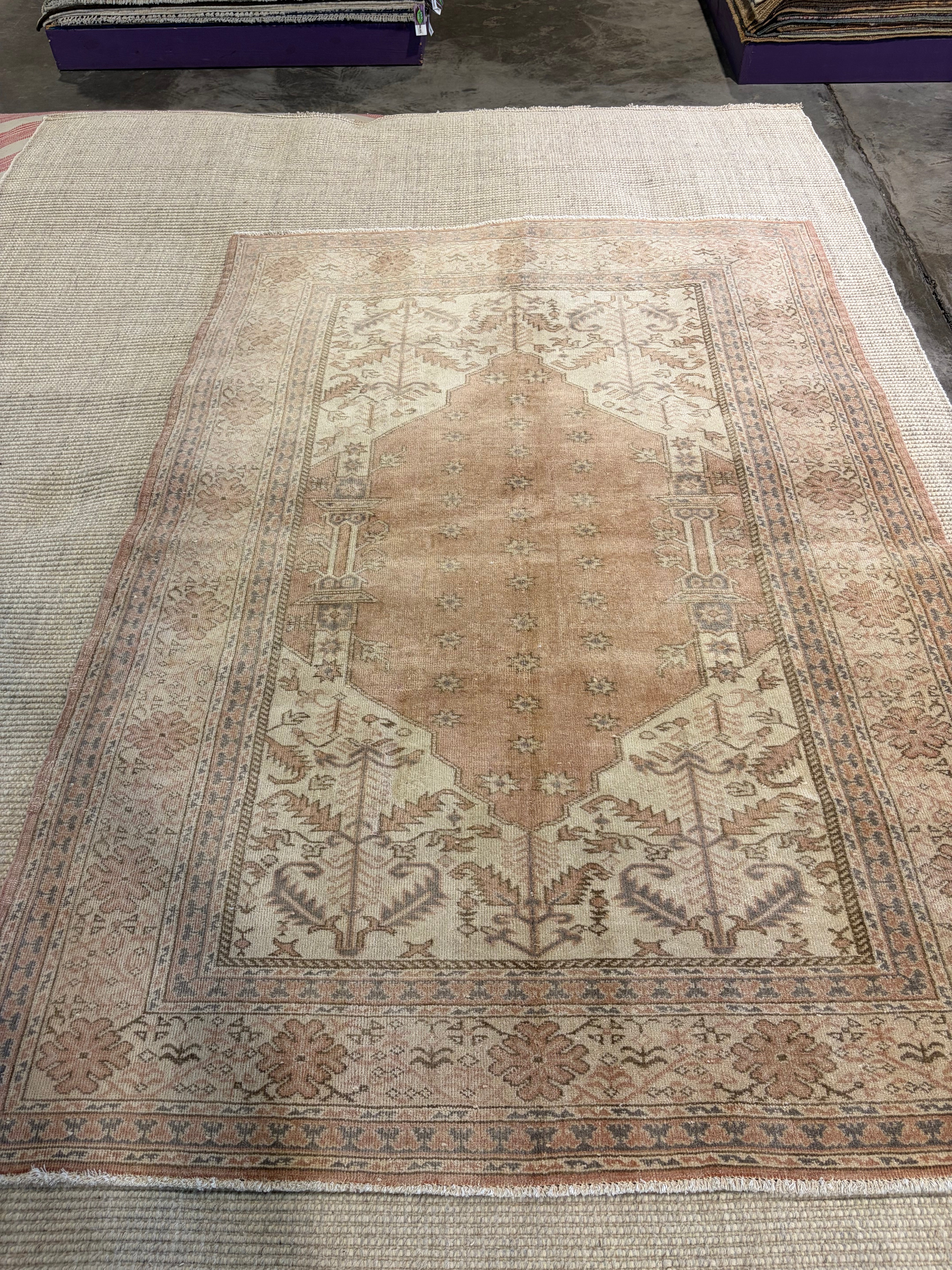 Alexandra Pace 5.2x7.6 Pink Hand-Knotted Vintage Turkish Oushak