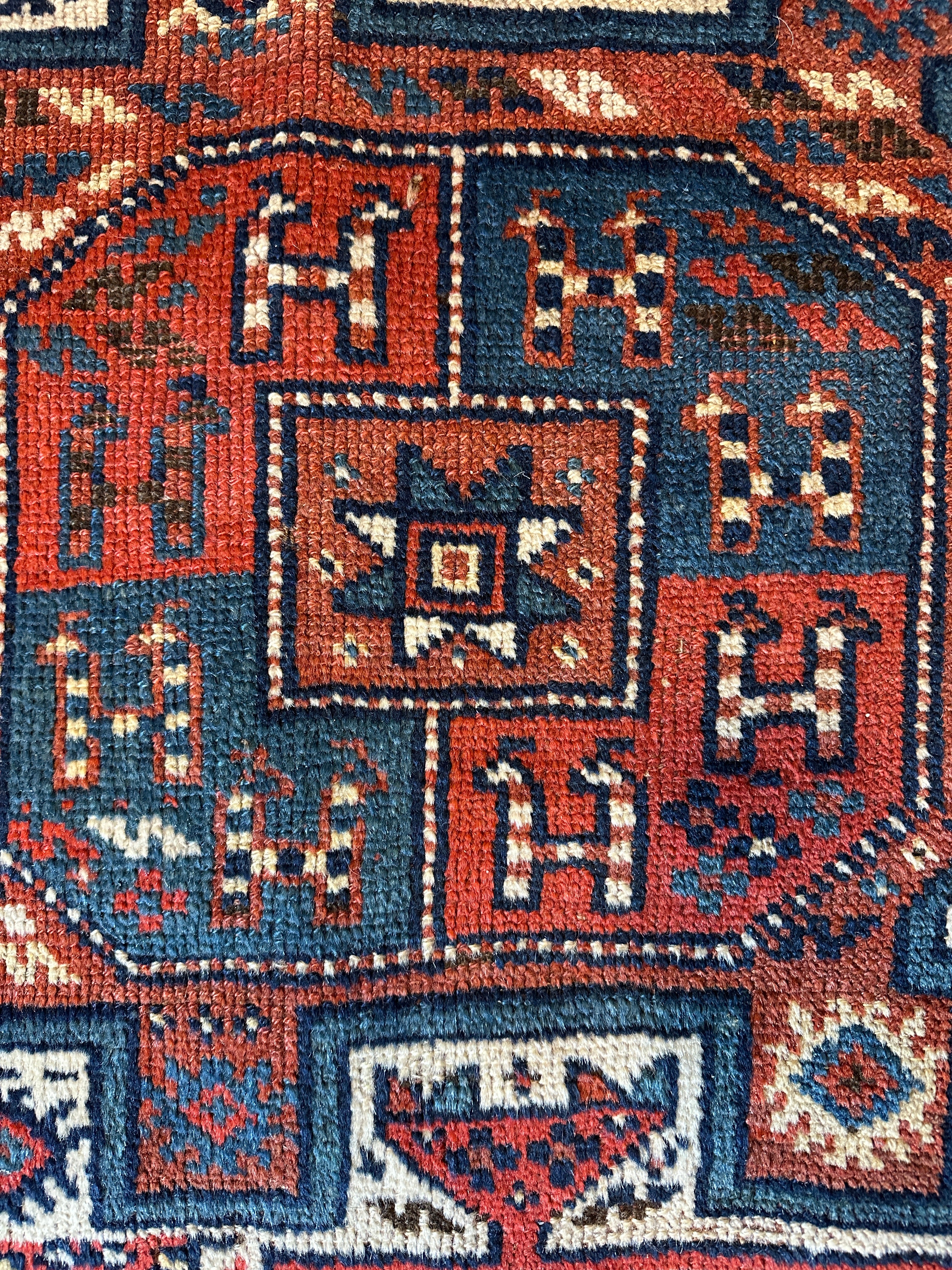 Antique Handwoven by Quchan Kurdish Blue and Red Rug 4.8x9.6