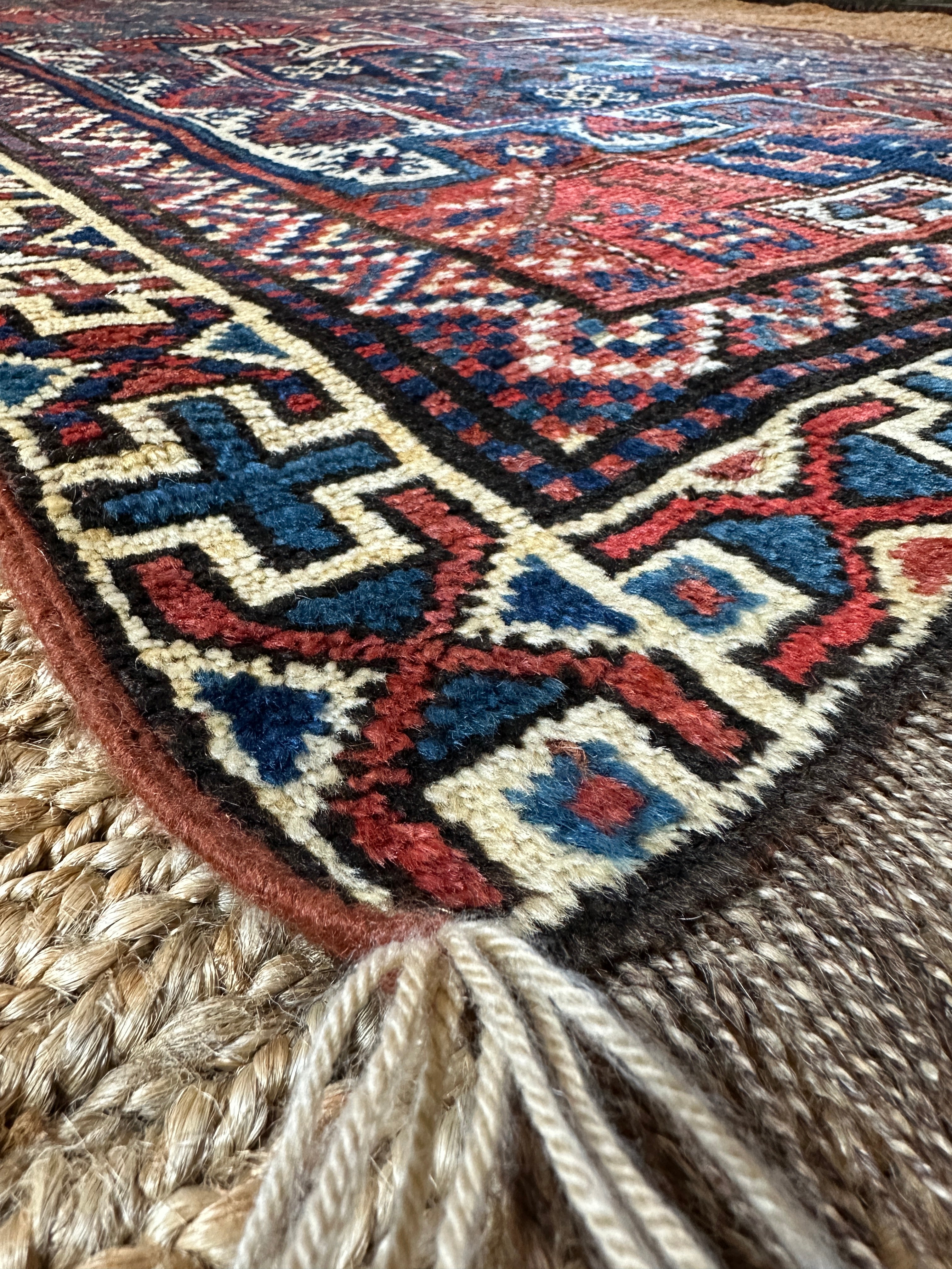 Antique Handwoven by Quchan Kurdish Blue and Red Rug 4.8x9.6