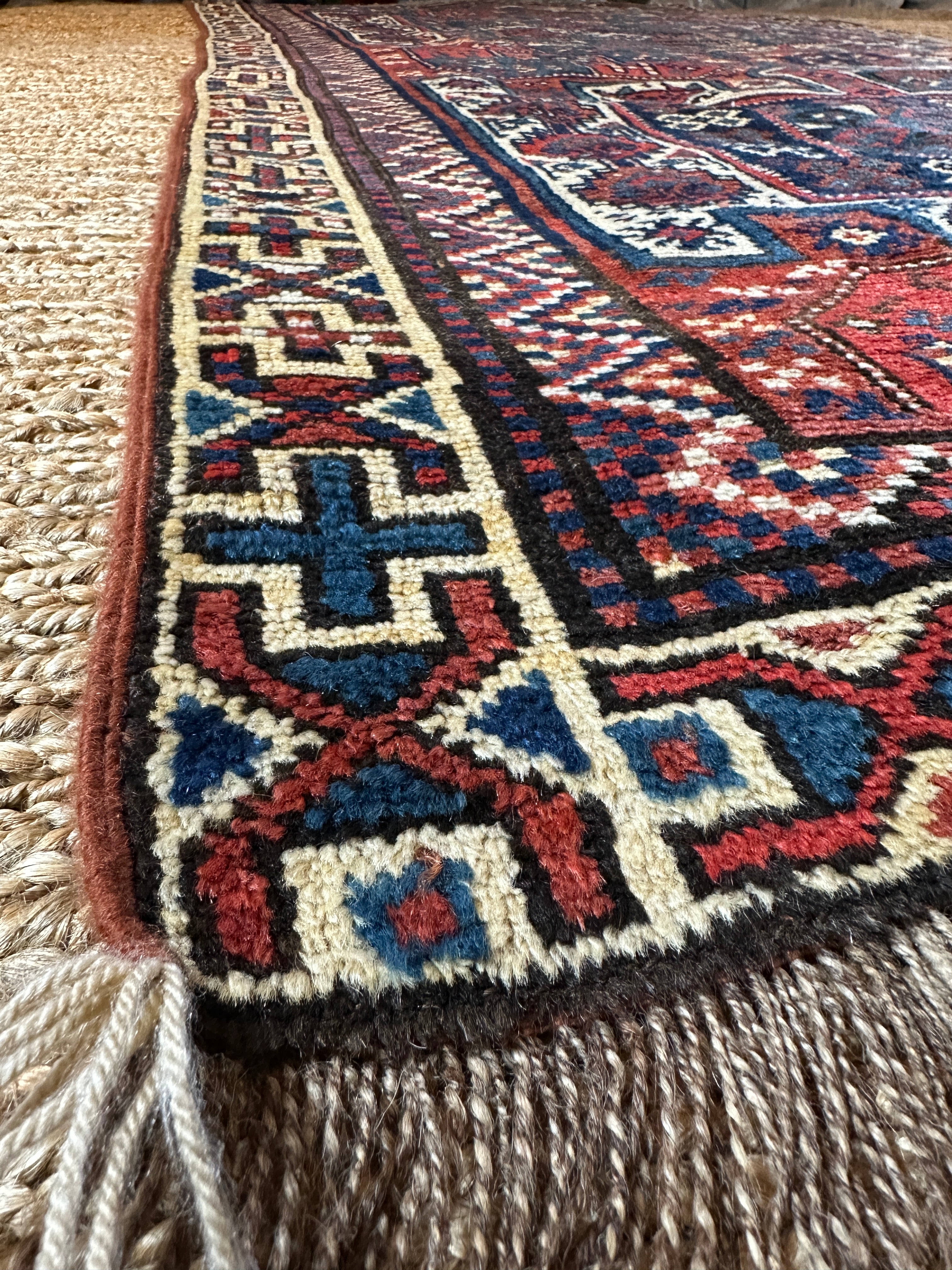 Antique Handwoven by Quchan Kurdish Blue and Red Rug 4.8x9.6