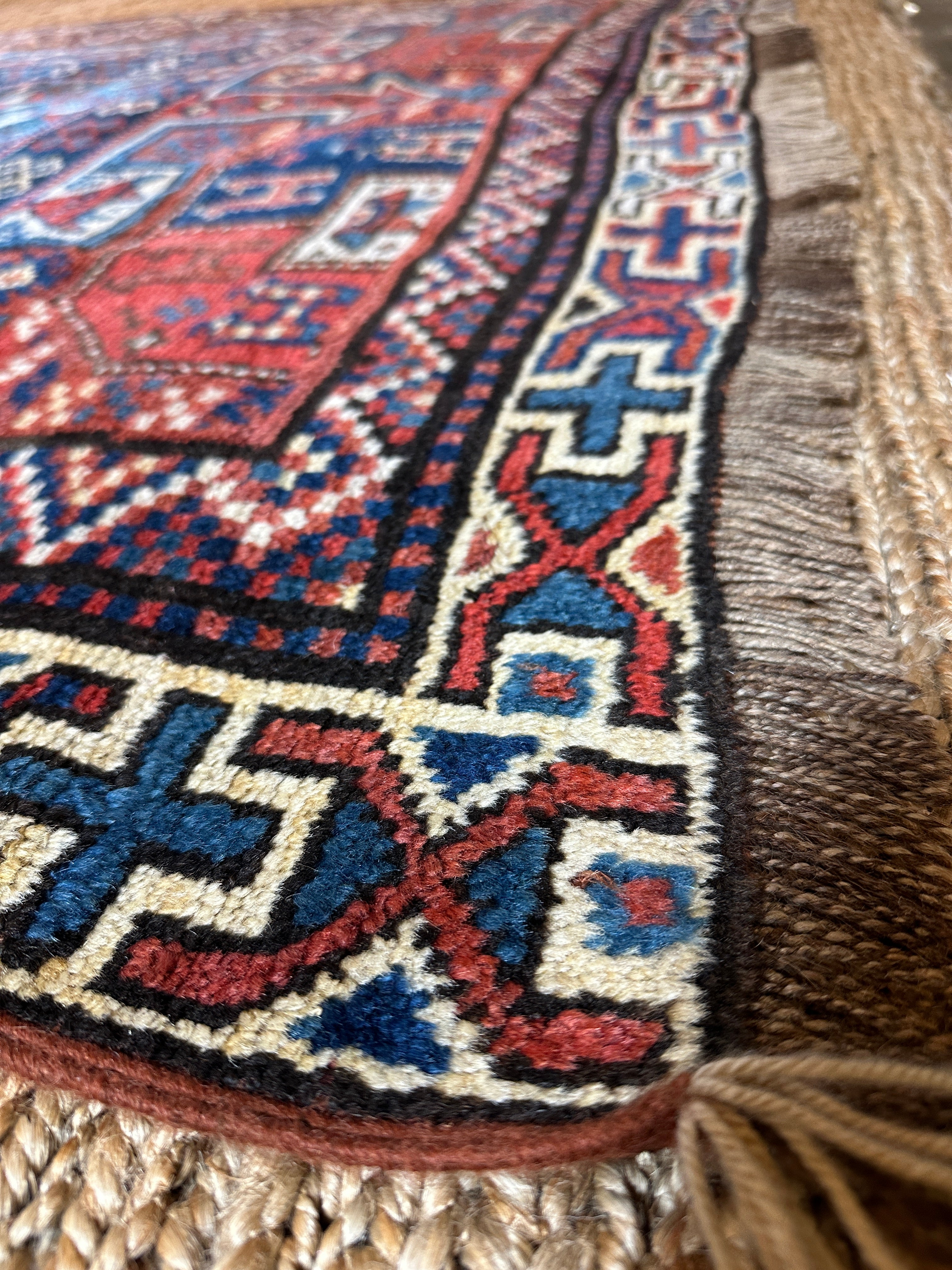 Antique Handwoven by Quchan Kurdish Blue and Red Rug 4.8x9.6