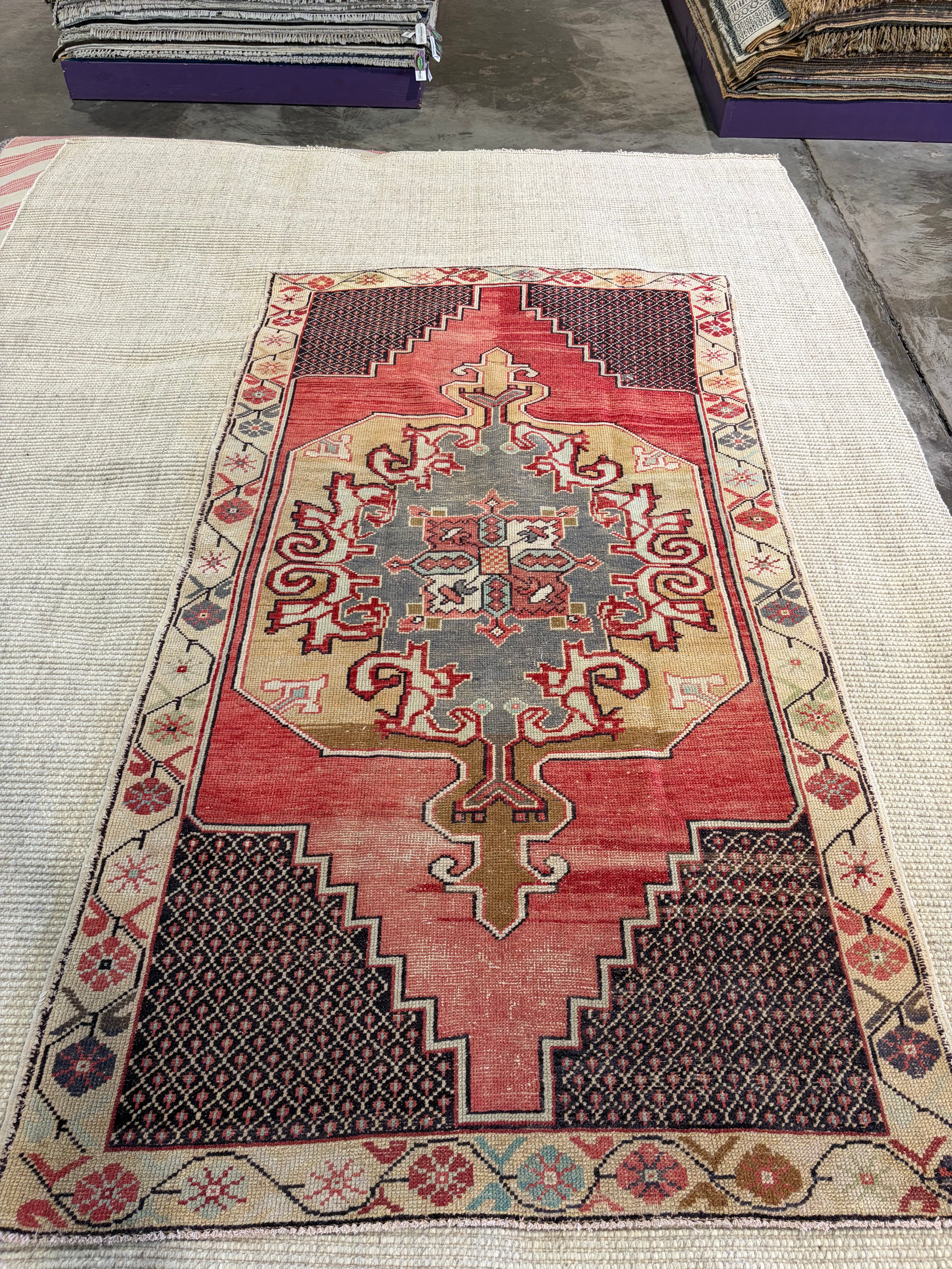 Tori Beth 4.2x7.9 Red Hand-Knotted Vintage Turkish Oushak