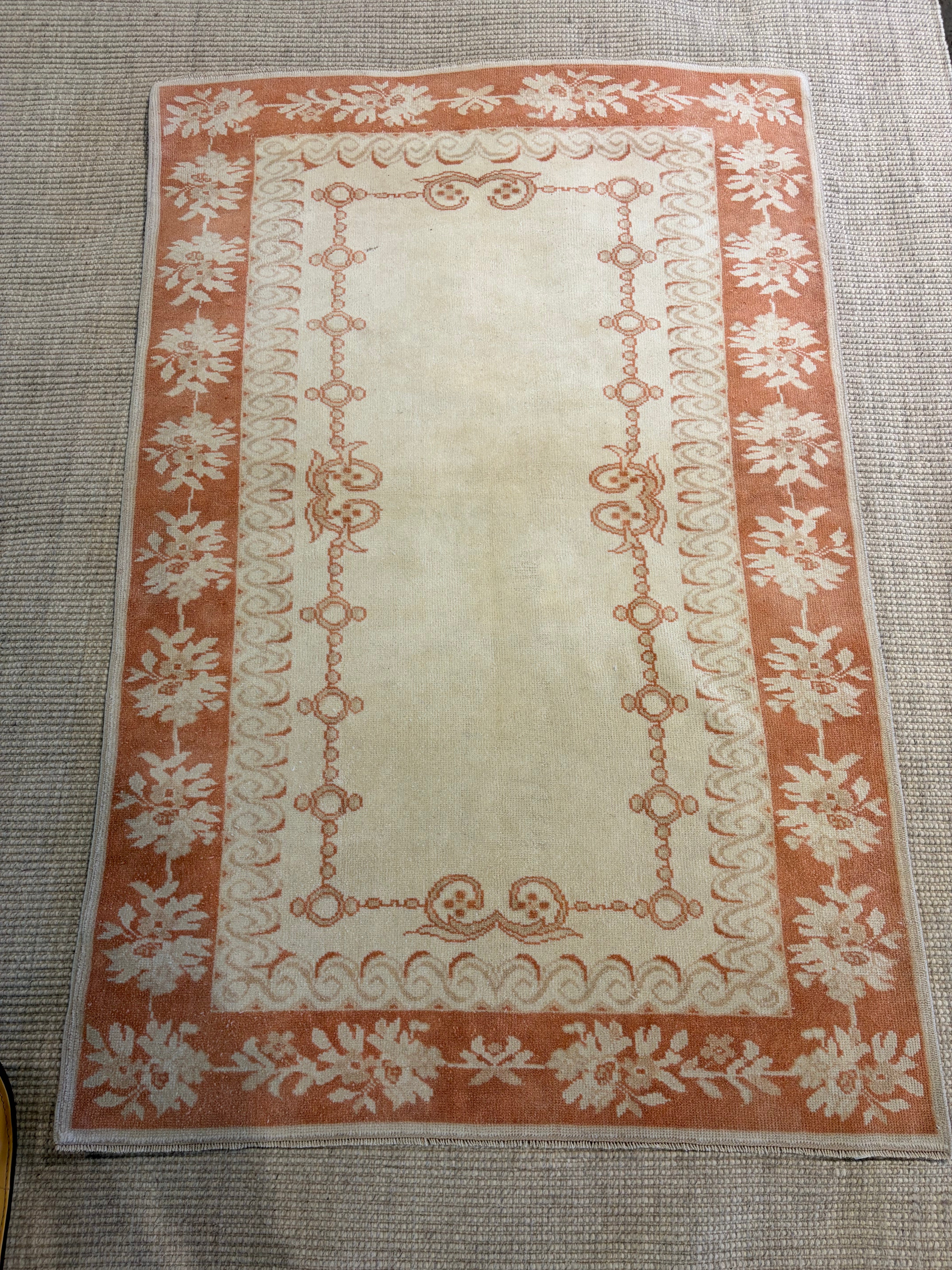 Sarah Dyson 4.4x6.8 Ivory and Orange Hand-Knotted Vintage Turkish Oushak