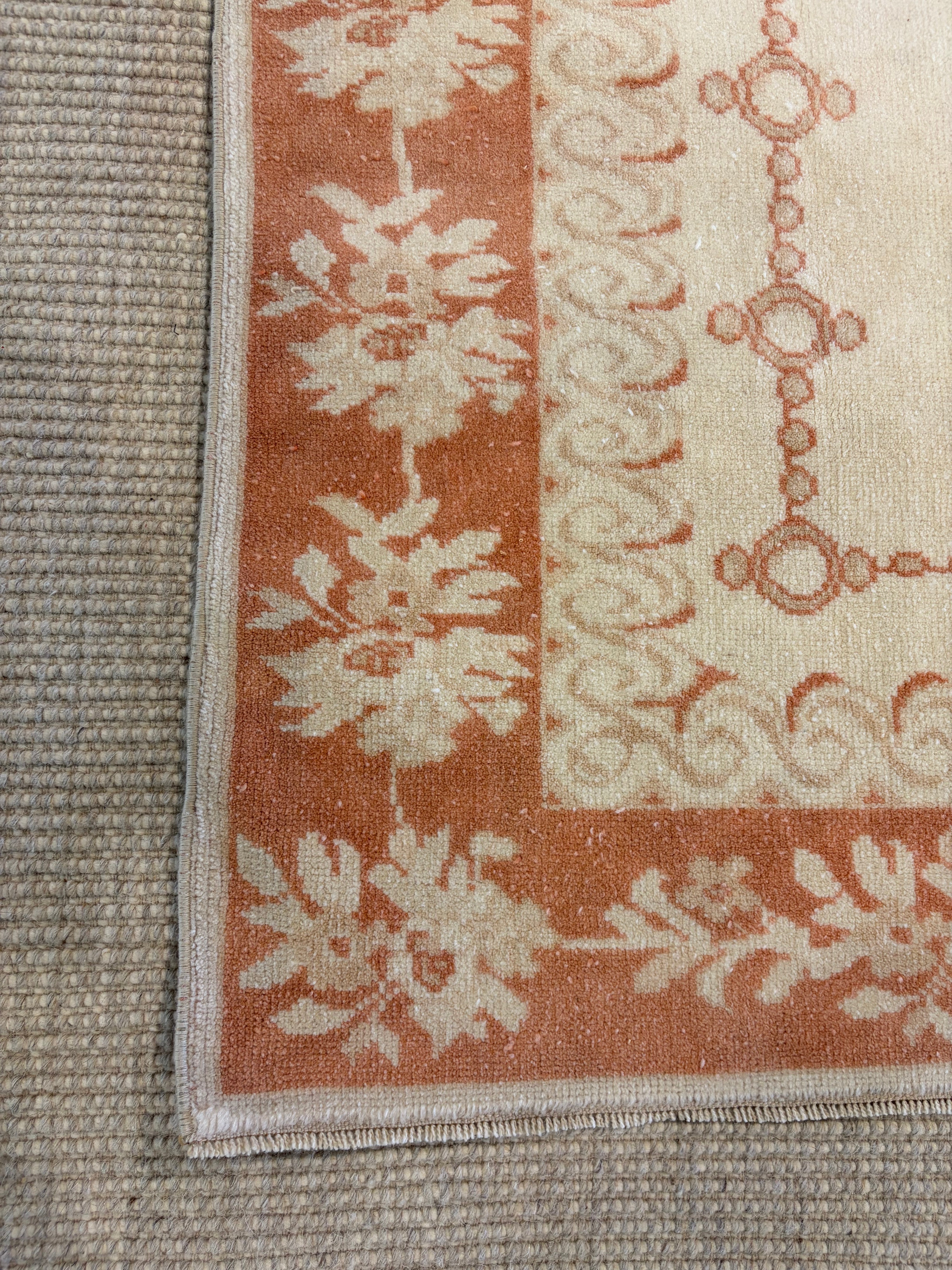 Sarah Dyson 4.4x6.8 Ivory and Orange Hand-Knotted Vintage Turkish Oushak