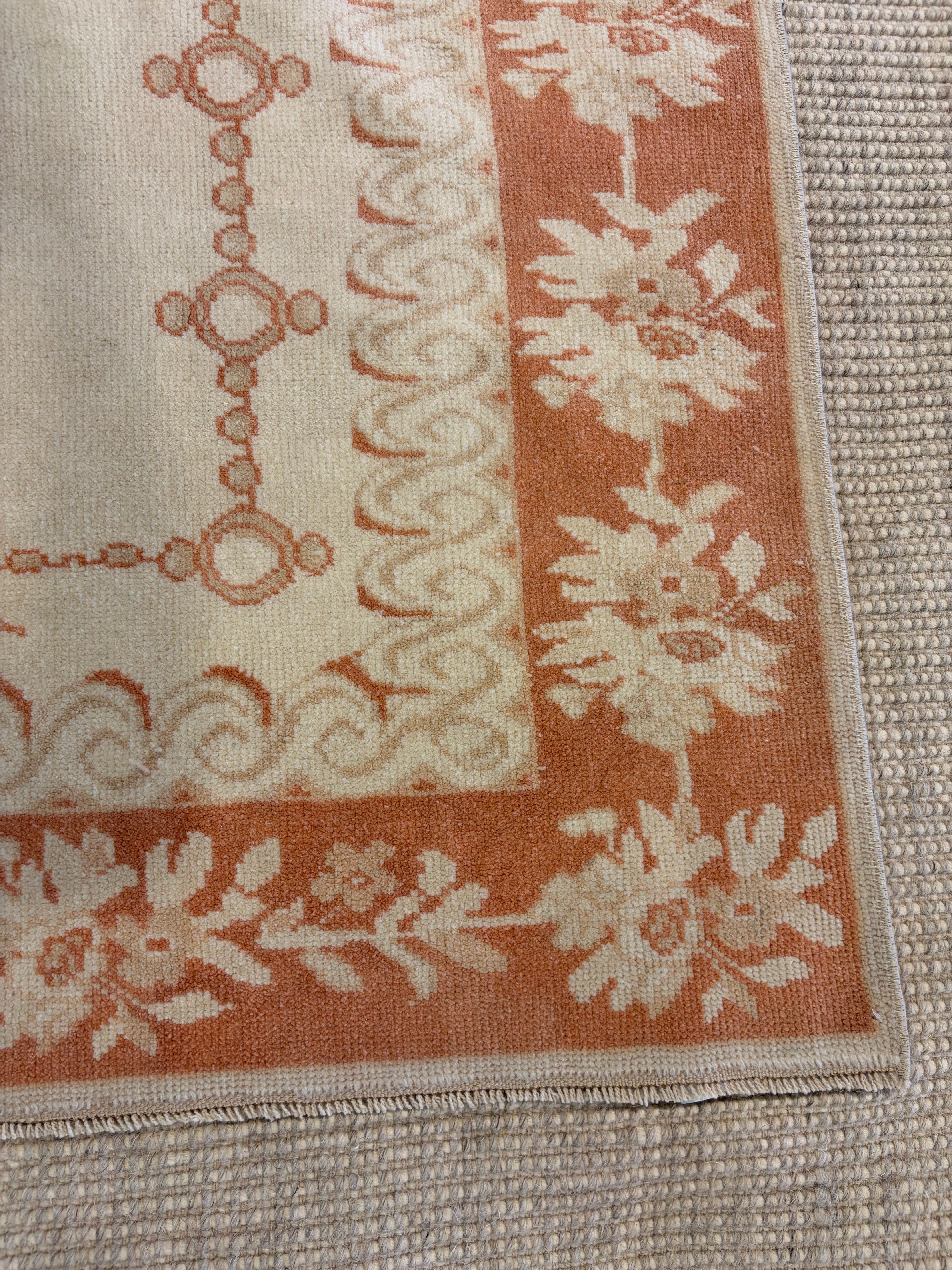 Sarah Dyson 4.4x6.8 Ivory and Orange Hand-Knotted Vintage Turkish Oushak