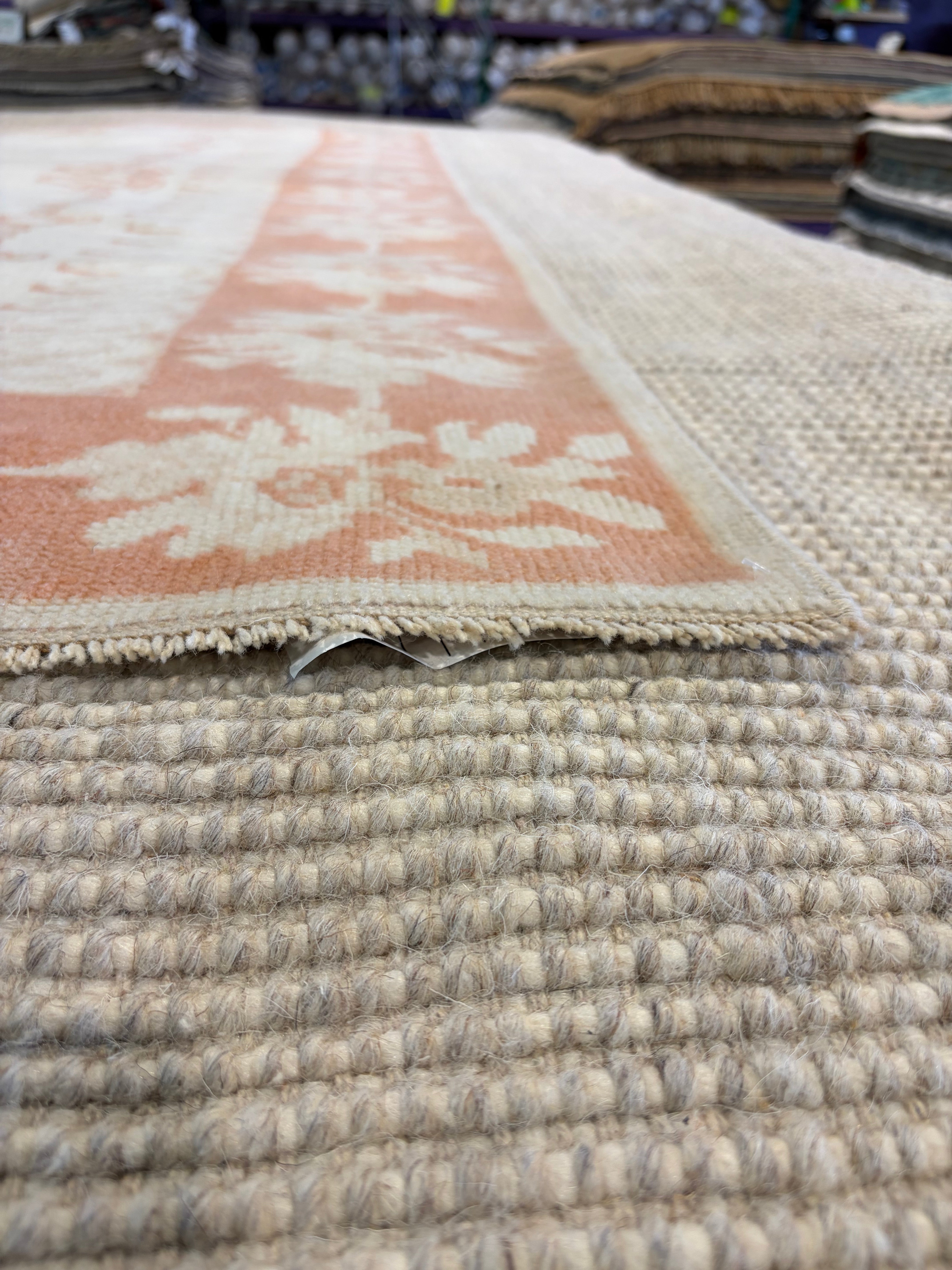 Sarah Dyson 4.4x6.8 Ivory and Orange Hand-Knotted Vintage Turkish Oushak