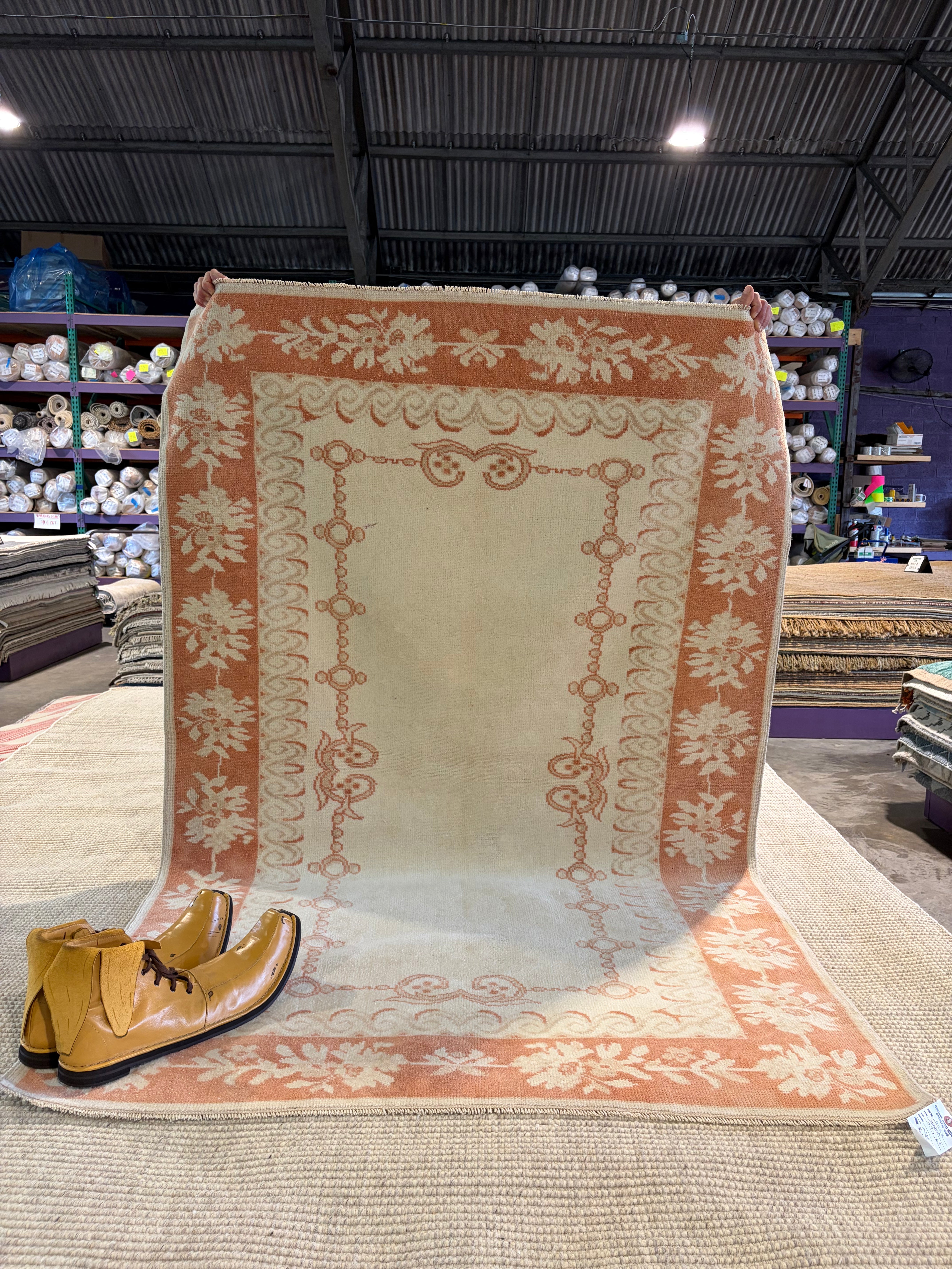 Sarah Dyson 4.4x6.8 Ivory and Orange Hand-Knotted Turkish