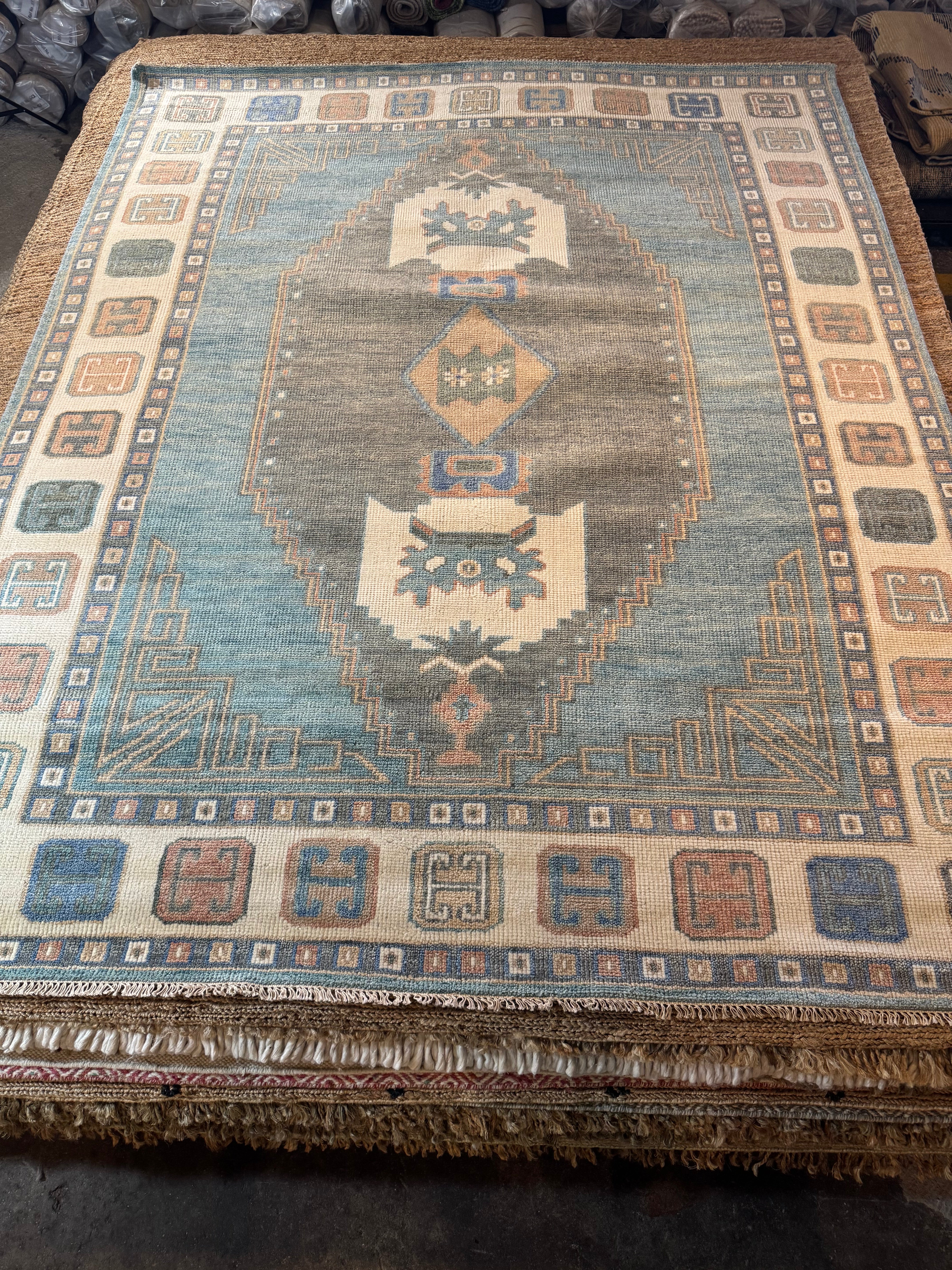 Gae Aulenti 8x10 Blue and Ivory Hand-Knotted Oushak Rug