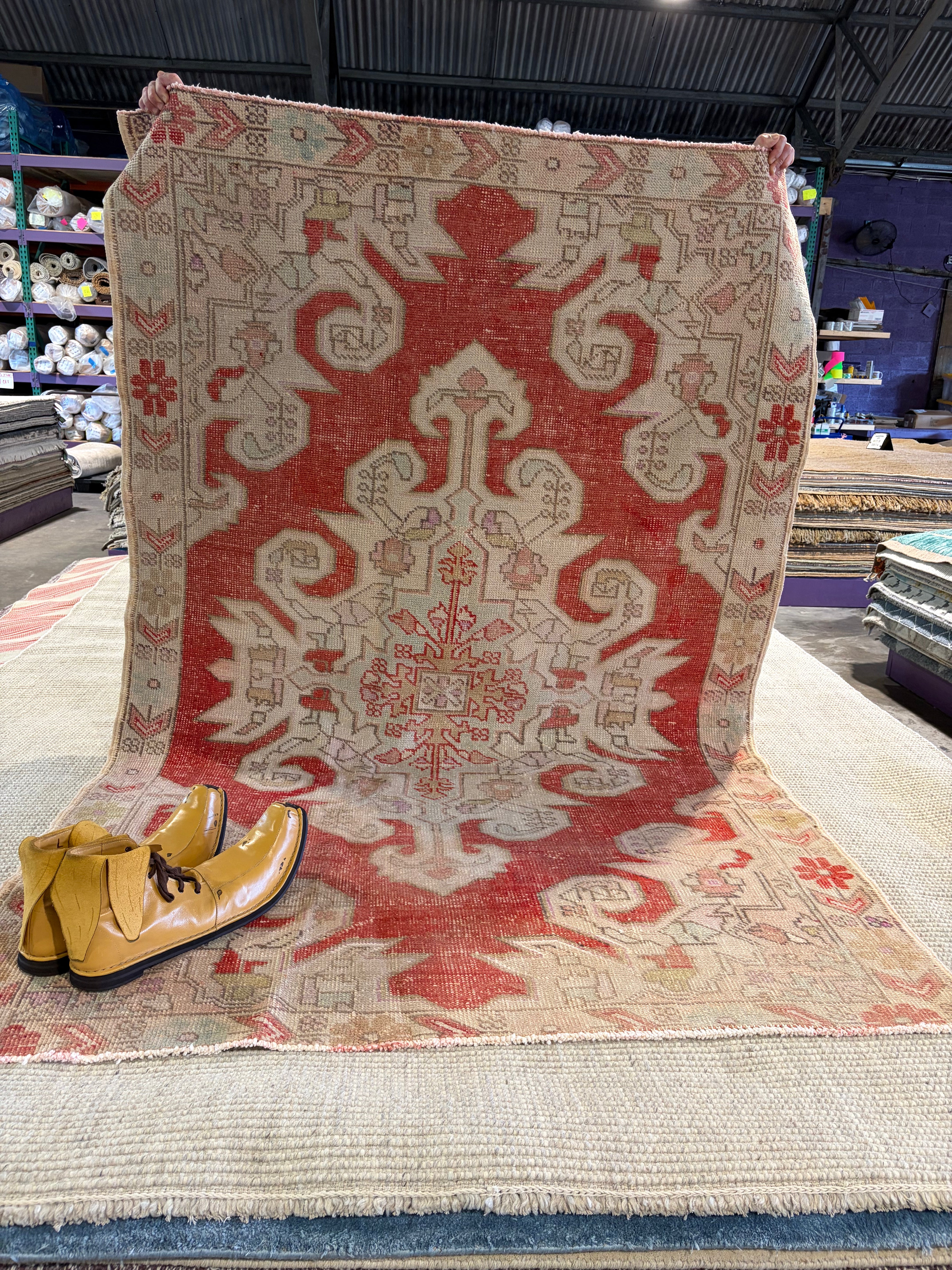 Tina Allen 4.8x7.2 Red Hand-Knotted Vintage Turkish Oushak