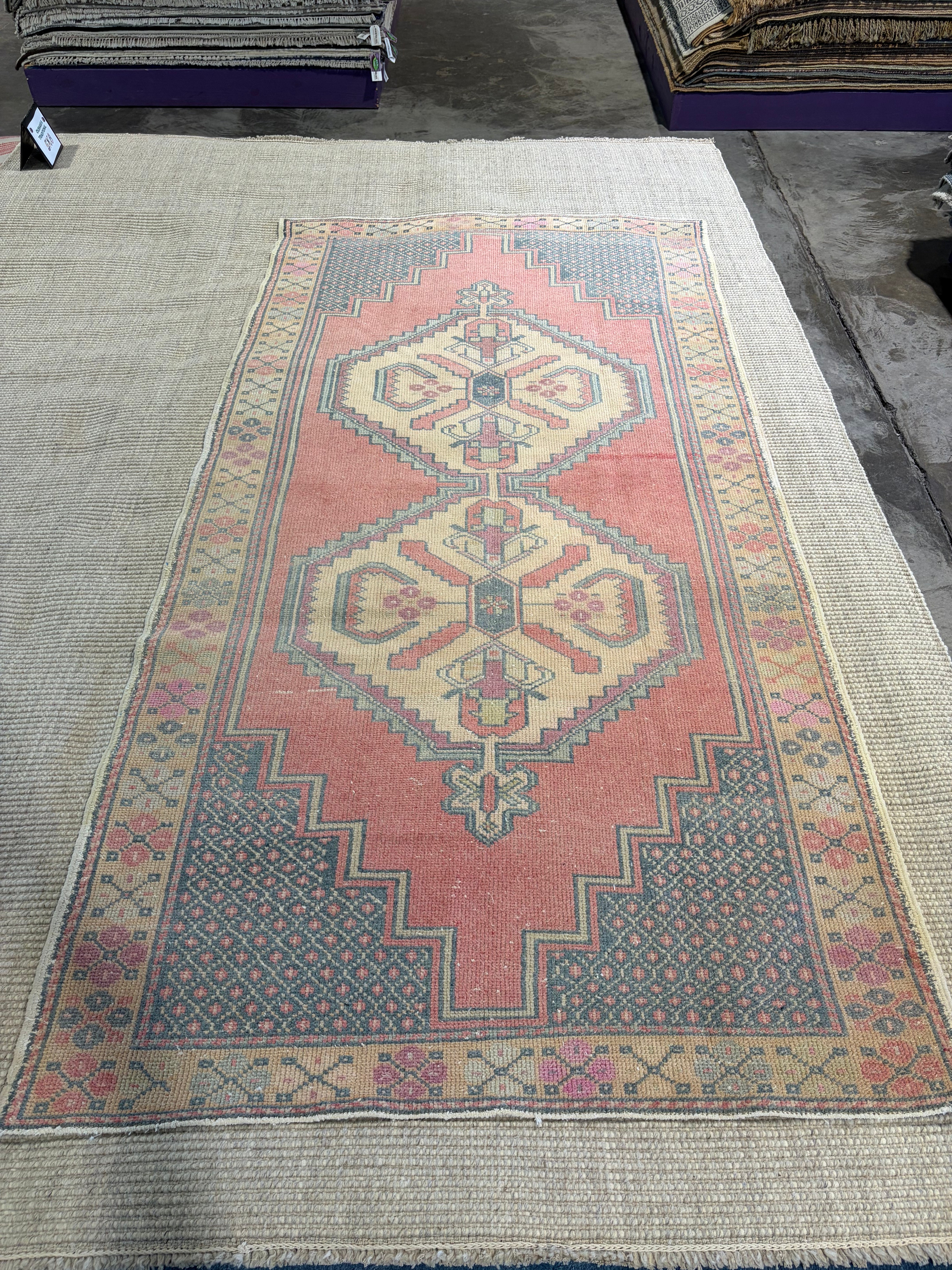 Martha Ken 4.3x8.7 Pink Hand-Knotted Vintage Turkish Oushak