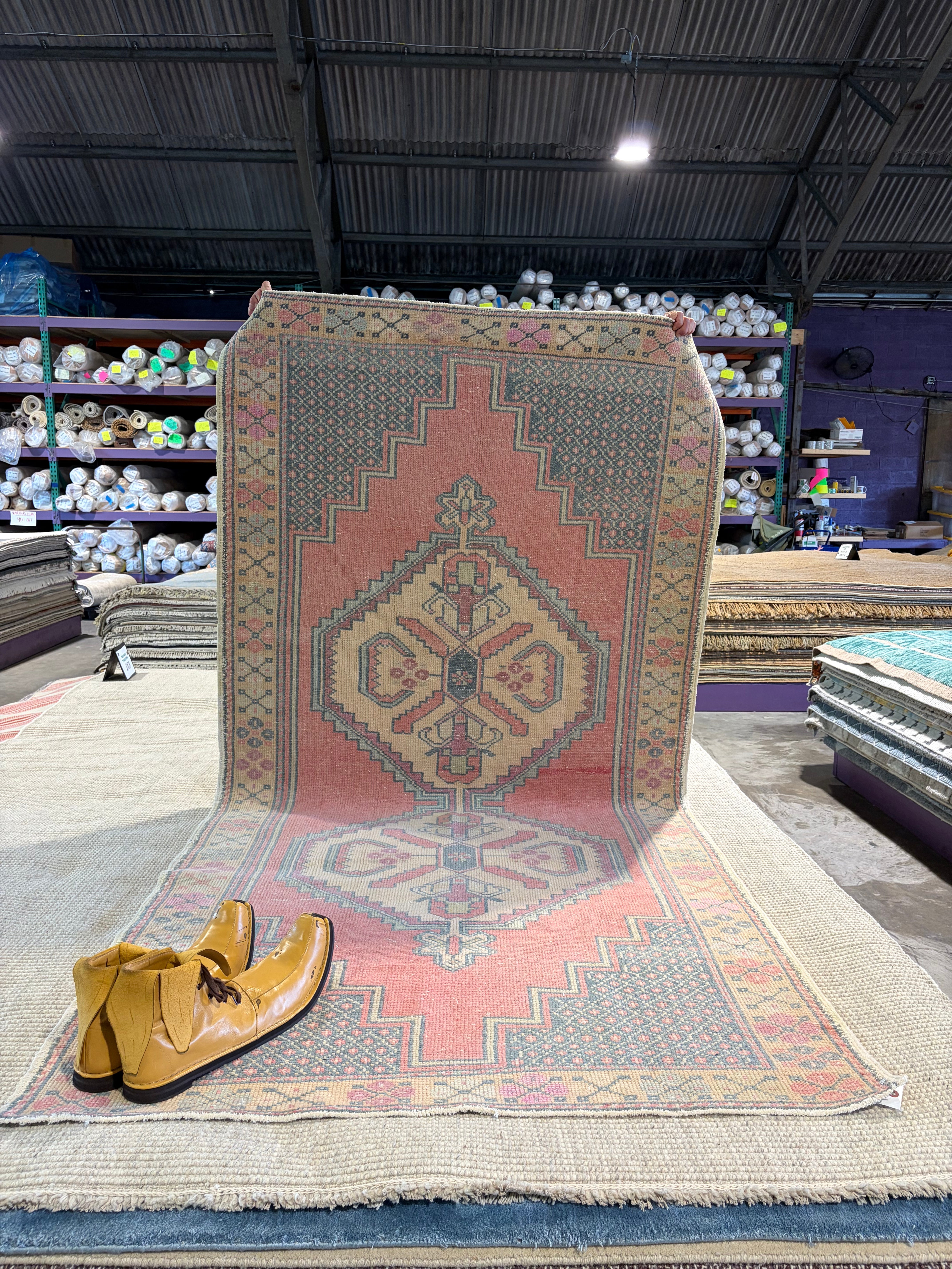 Martha Ken 4.3x8.7 Pink Hand-Knotted Vintage Turkish Oushak