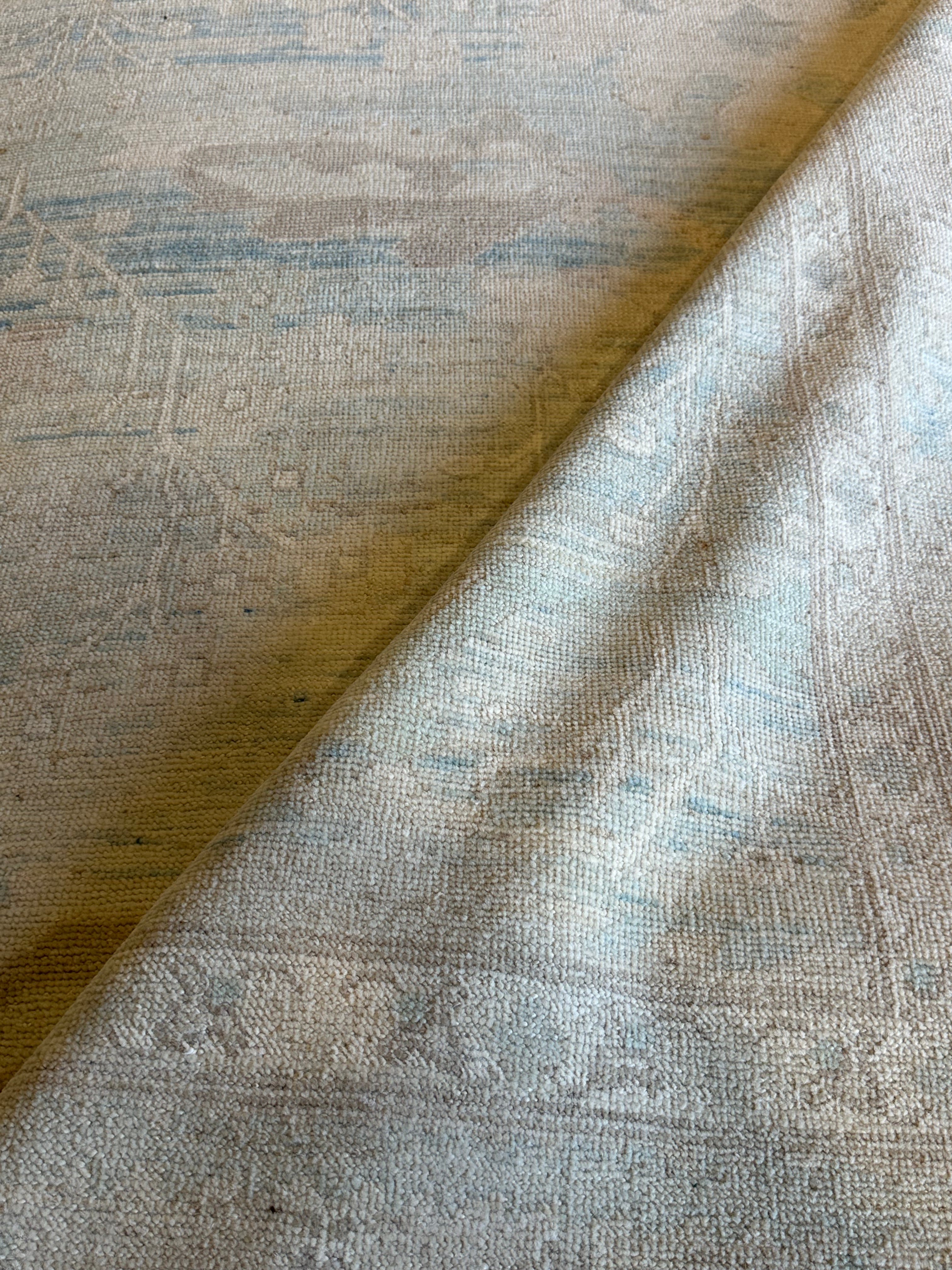 Katy O'Brian 10.3x13.9 Cream and Blue Whitewashed Afghani Oushak