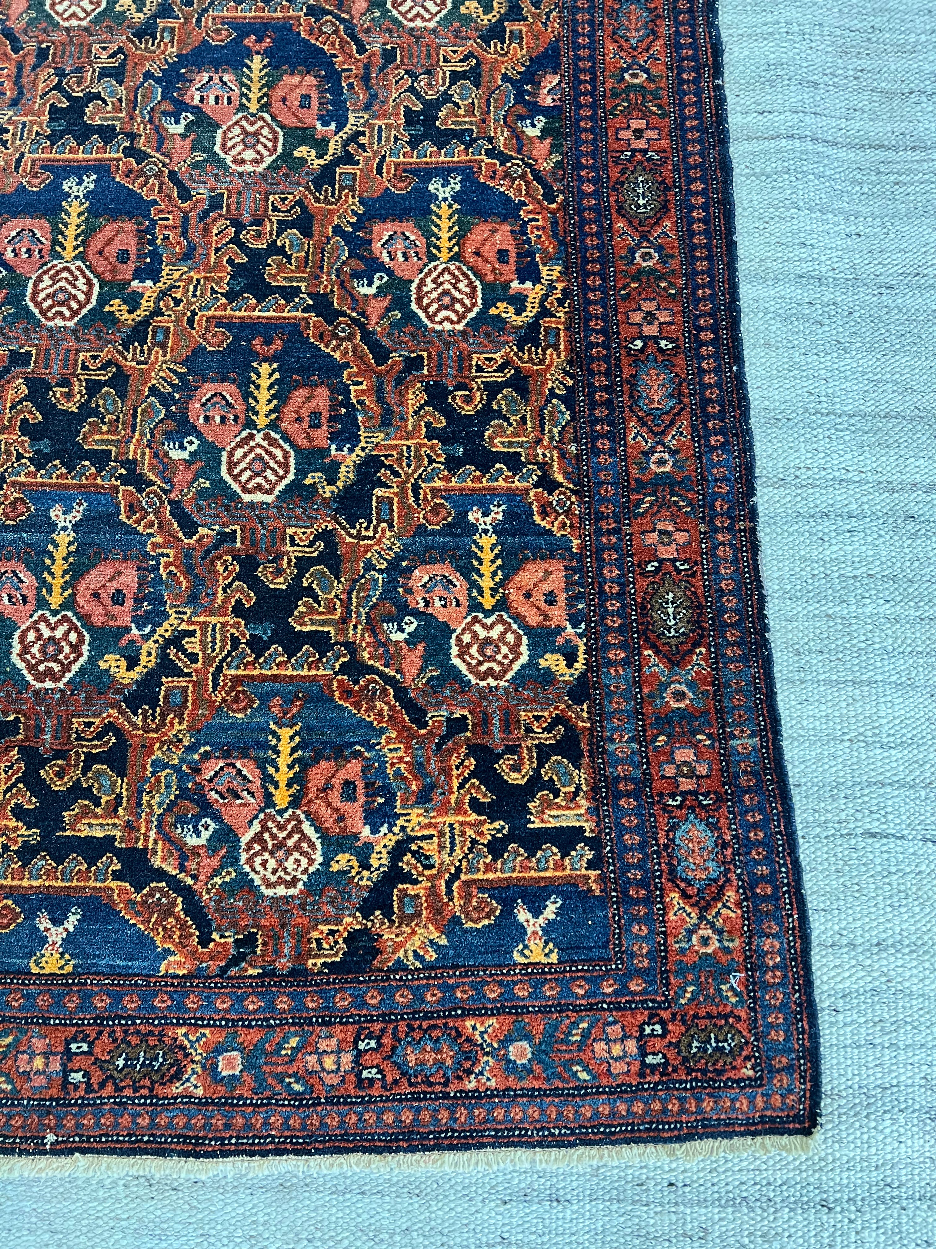 Antique Persian Senneh 3.6x4.10 Rug Blue, Pink, and Orange