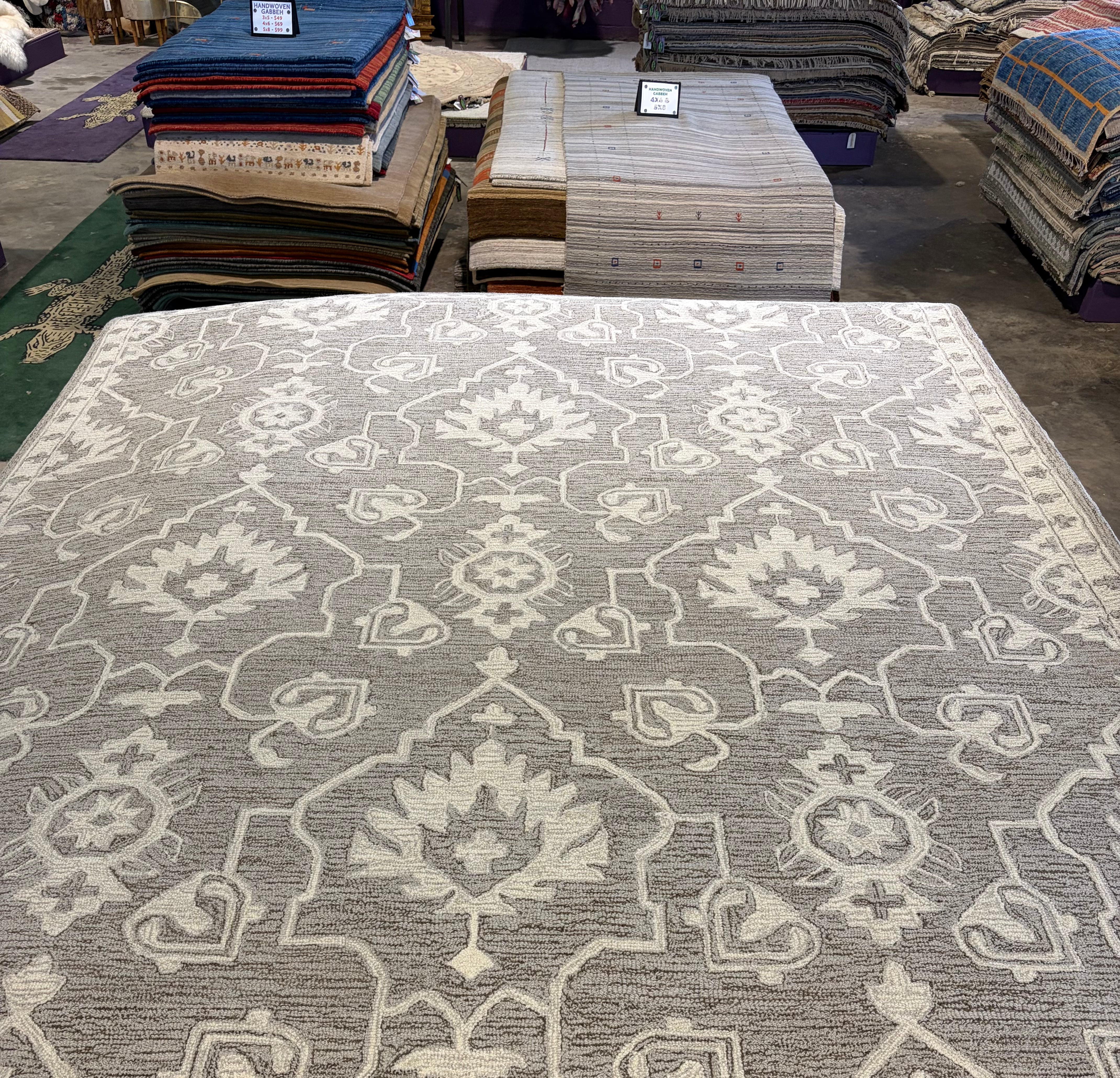 Say No to Negative Energy 8x10 Light Brown and Ivory Hand-Tufted Rug
