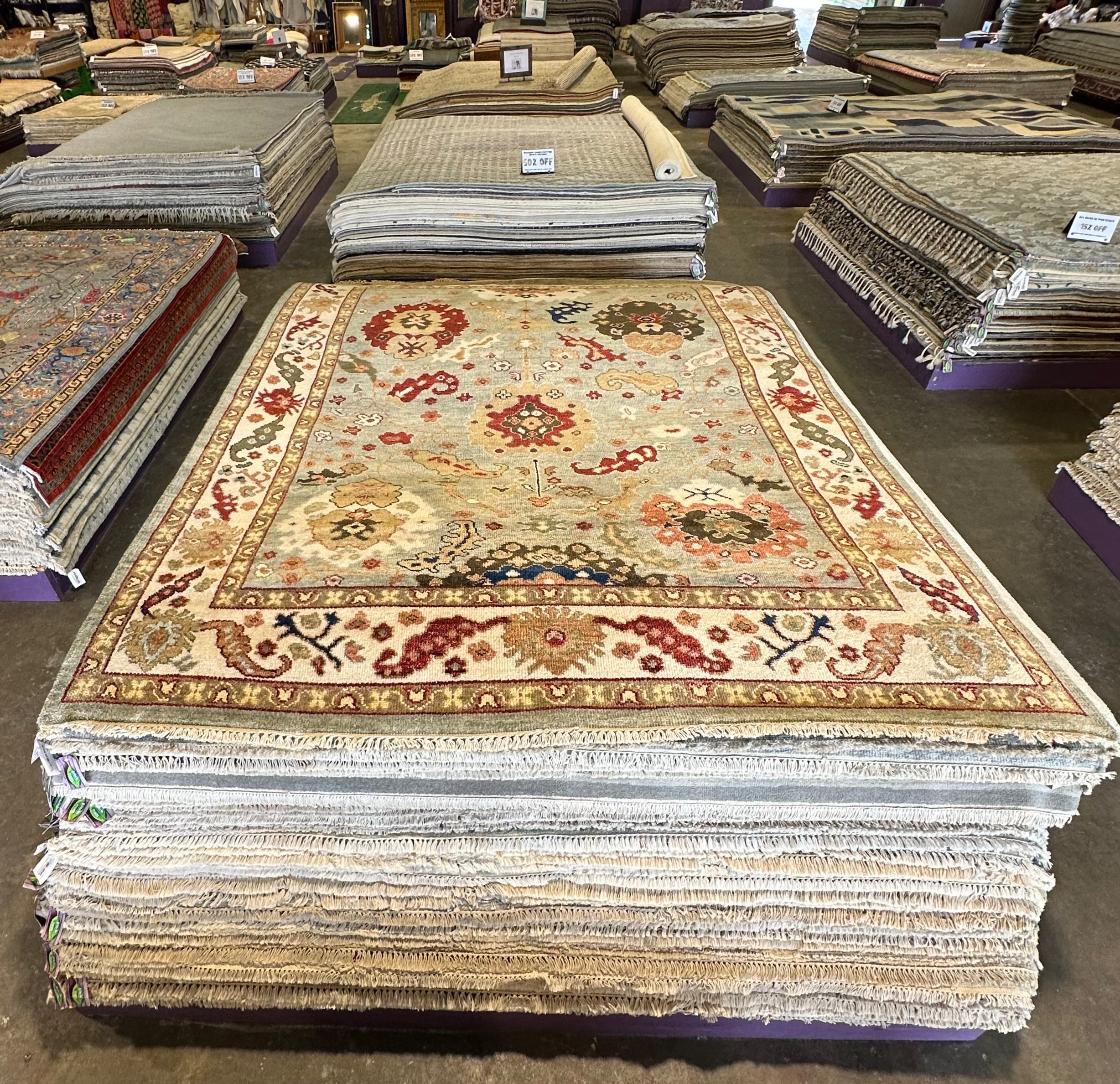 Virginia Tupker 8x10.6 Gren and Ivory Hand-Knotted Oushak Rug