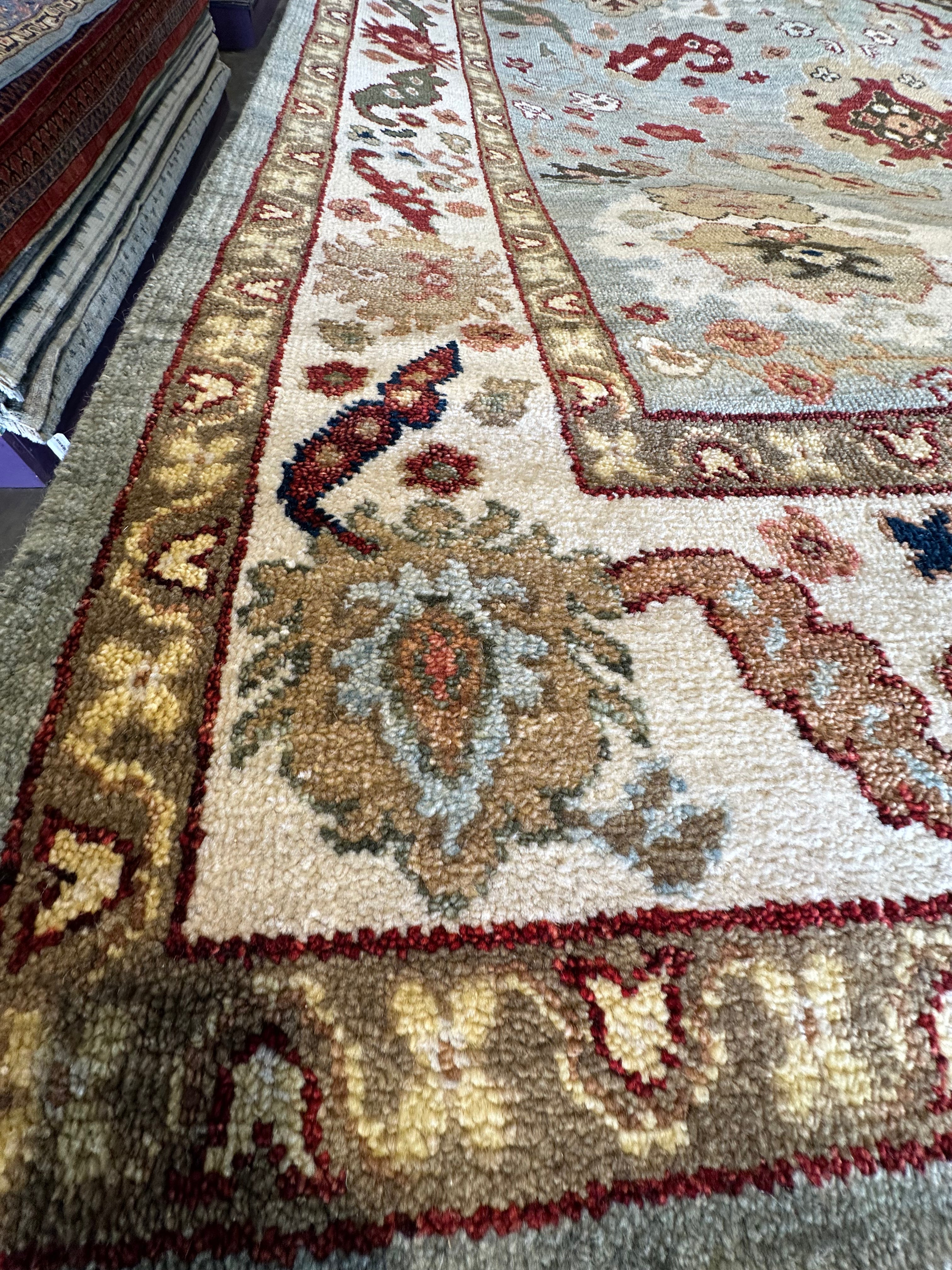 Virginia Tupker 8x10.6 Gren and Ivory Hand-Knotted Oushak Rug